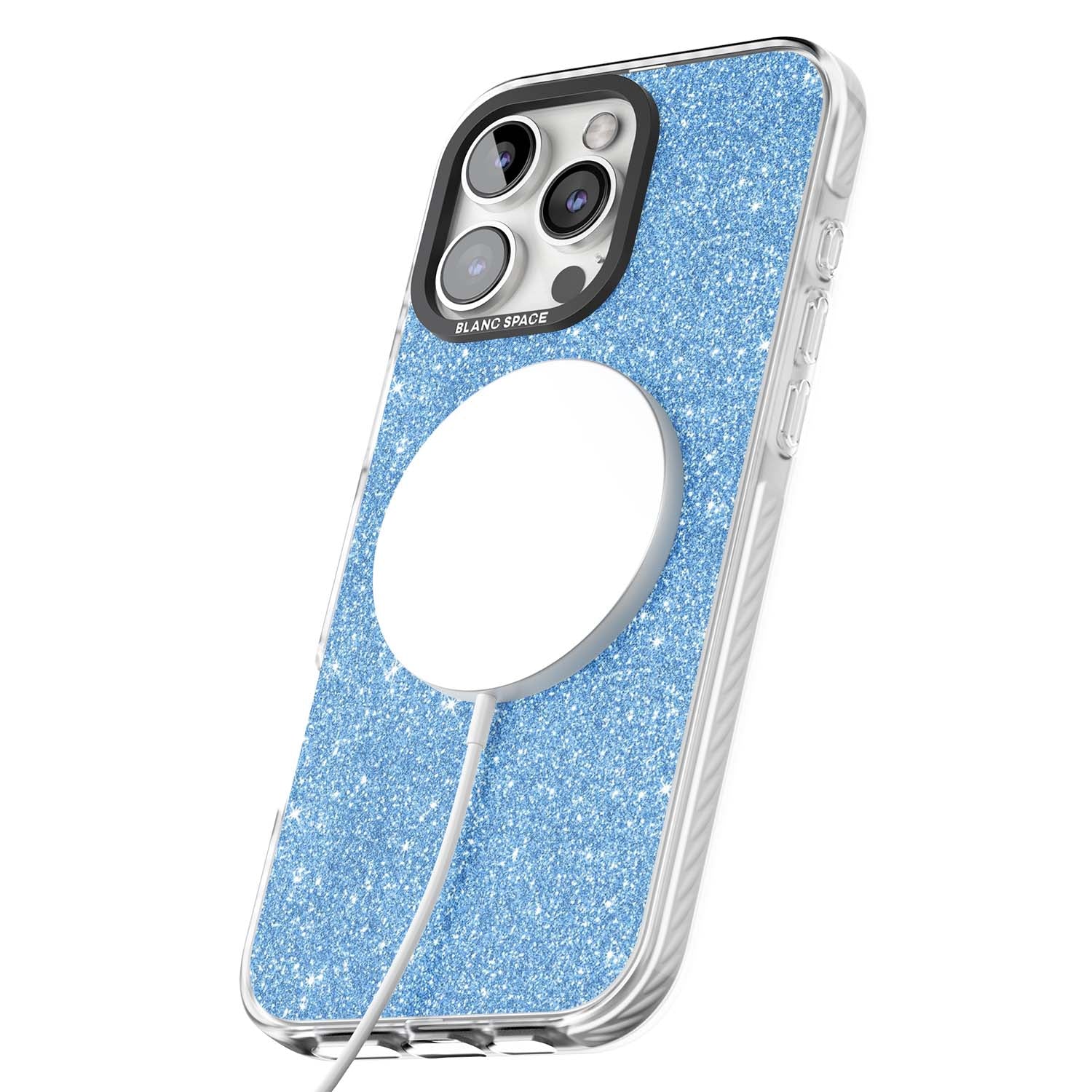 Blue Glitter blue glitter iPhone case featuring dense sparkling cerulean glitter with a glamorous shimmering finish | Impact Magsafe case for iPhone 16 Pro, iPhone 16 Pro Max