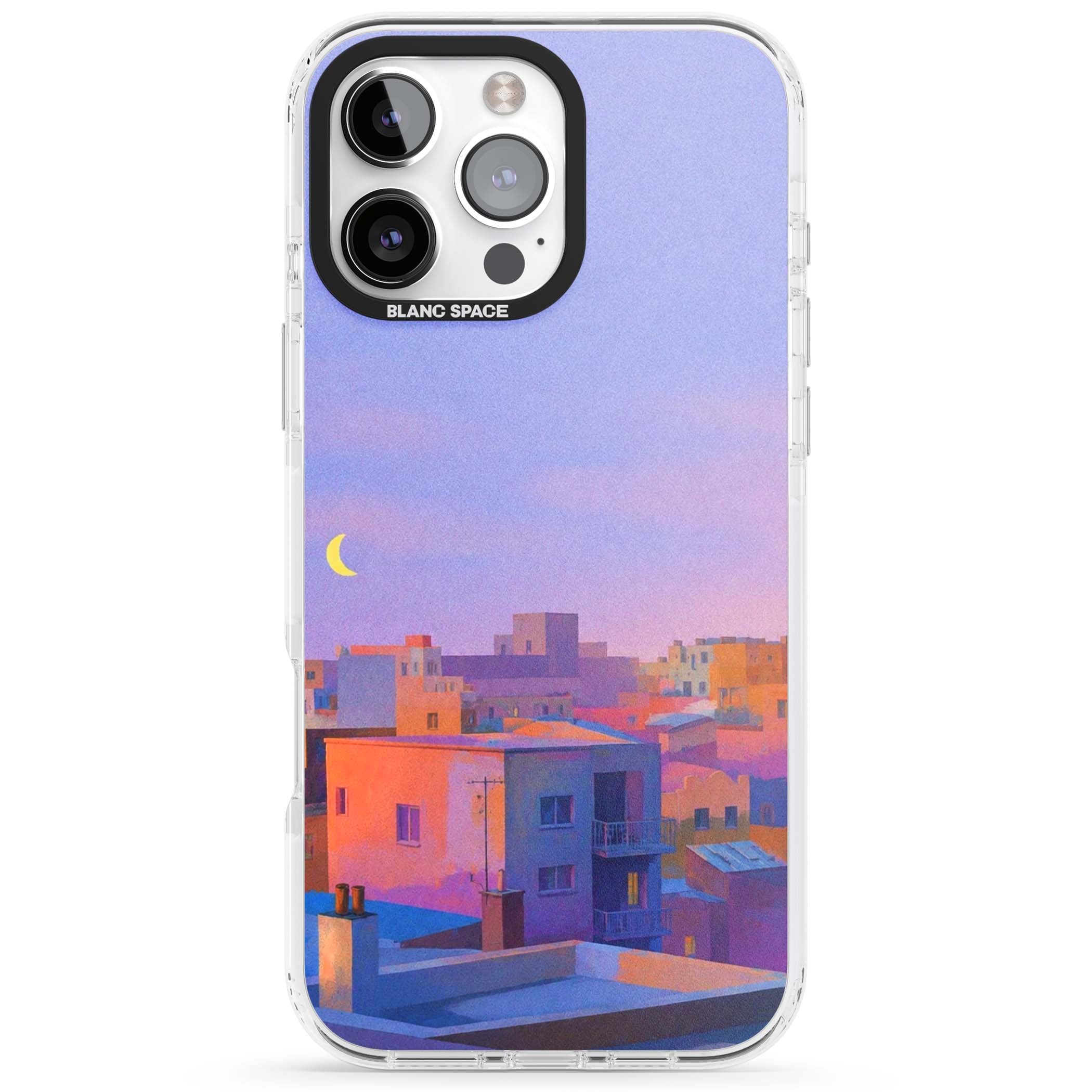 Twilight Rooftops vaporwave iPhone case featuring a pastel sunset cityscape, painted rooftops and a crescent moon. | Impact Magsafe case for iPhone 16 Pro, iPhone 16 Pro Max