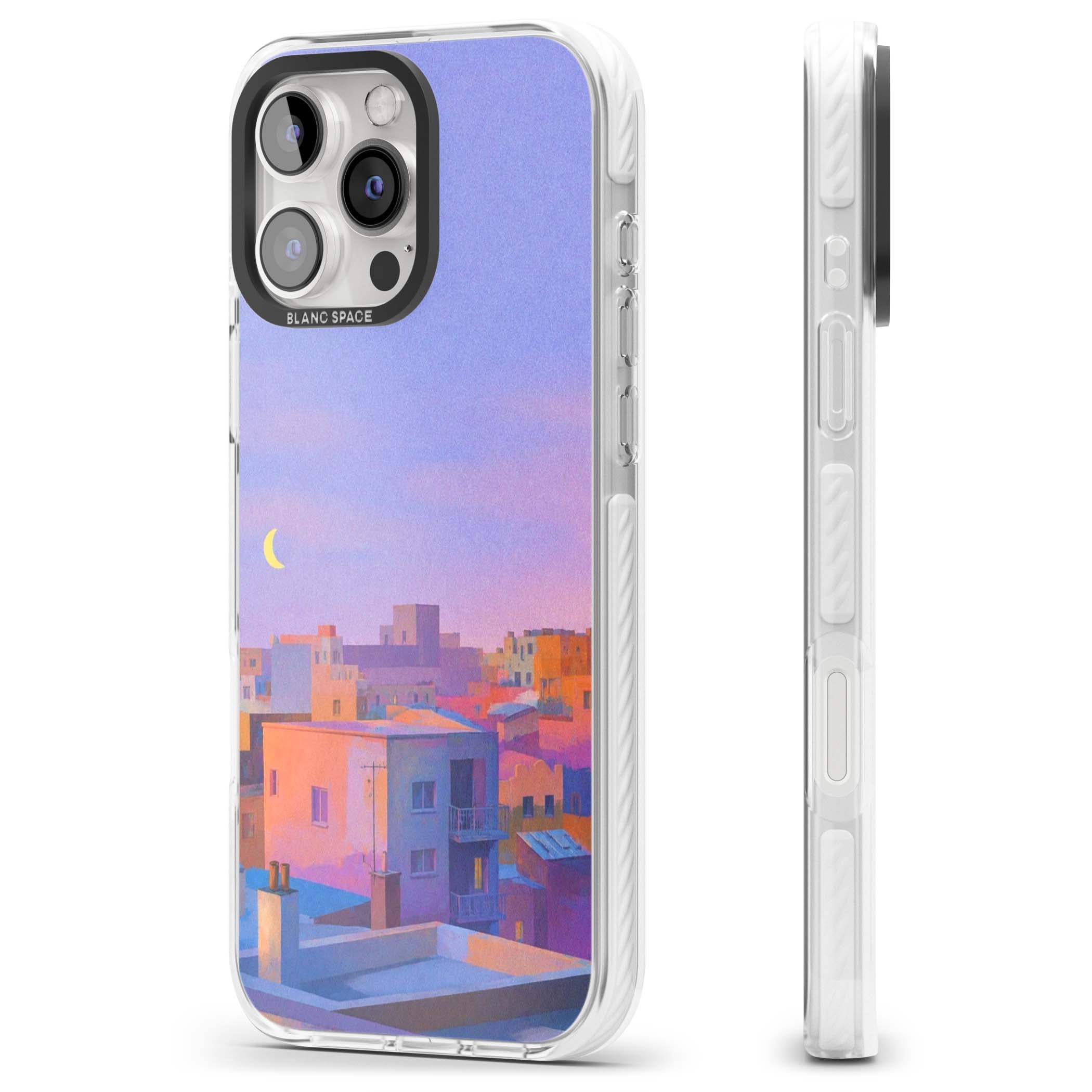 Twilight Rooftops vaporwave iPhone case featuring a pastel sunset cityscape, painted rooftops and a crescent moon. | Impact Magsafe case for iPhone 16 Pro, iPhone 16 Pro Max