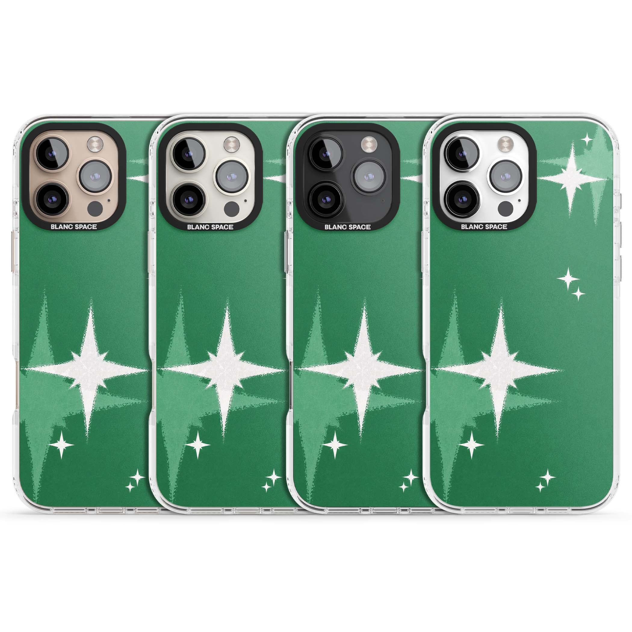 Green Sparkle celestial iPhone case featuring sparkling white four-point stars on a deep green background | Impact Magsafe case for iPhone 16 Pro, iPhone 16 Pro Max