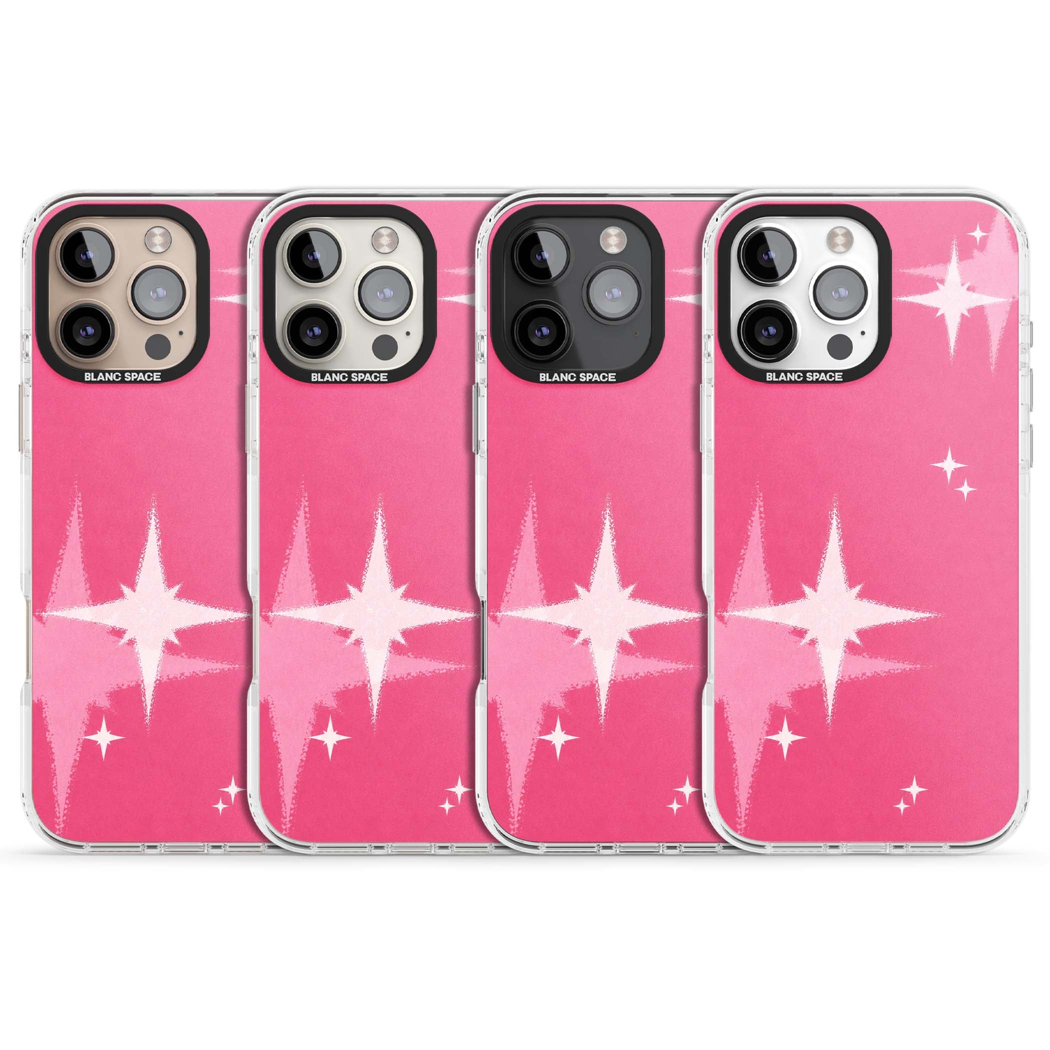 Pink Sparkle Y2K iPhone case featuring hot pink background with shimmering white starburst pattern | Impact Magsafe case for iPhone 16 Pro, iPhone 16 Pro Max