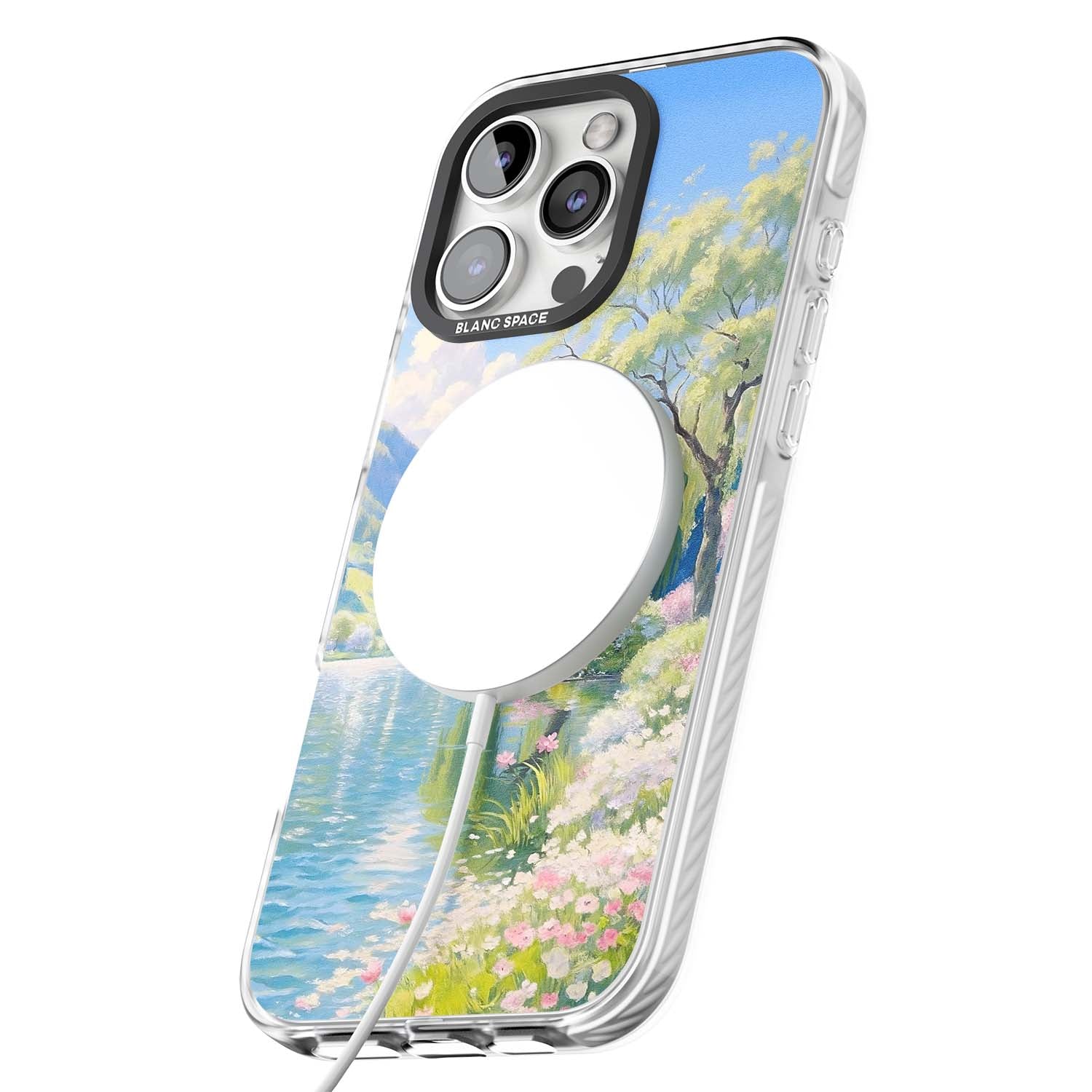 Willow Lake cottagecore iPhone case featuring a painted lakeside with weeping willow, blossoms and distant mountains | Impact Magsafe case for iPhone 16 Pro, iPhone 16 Pro Max