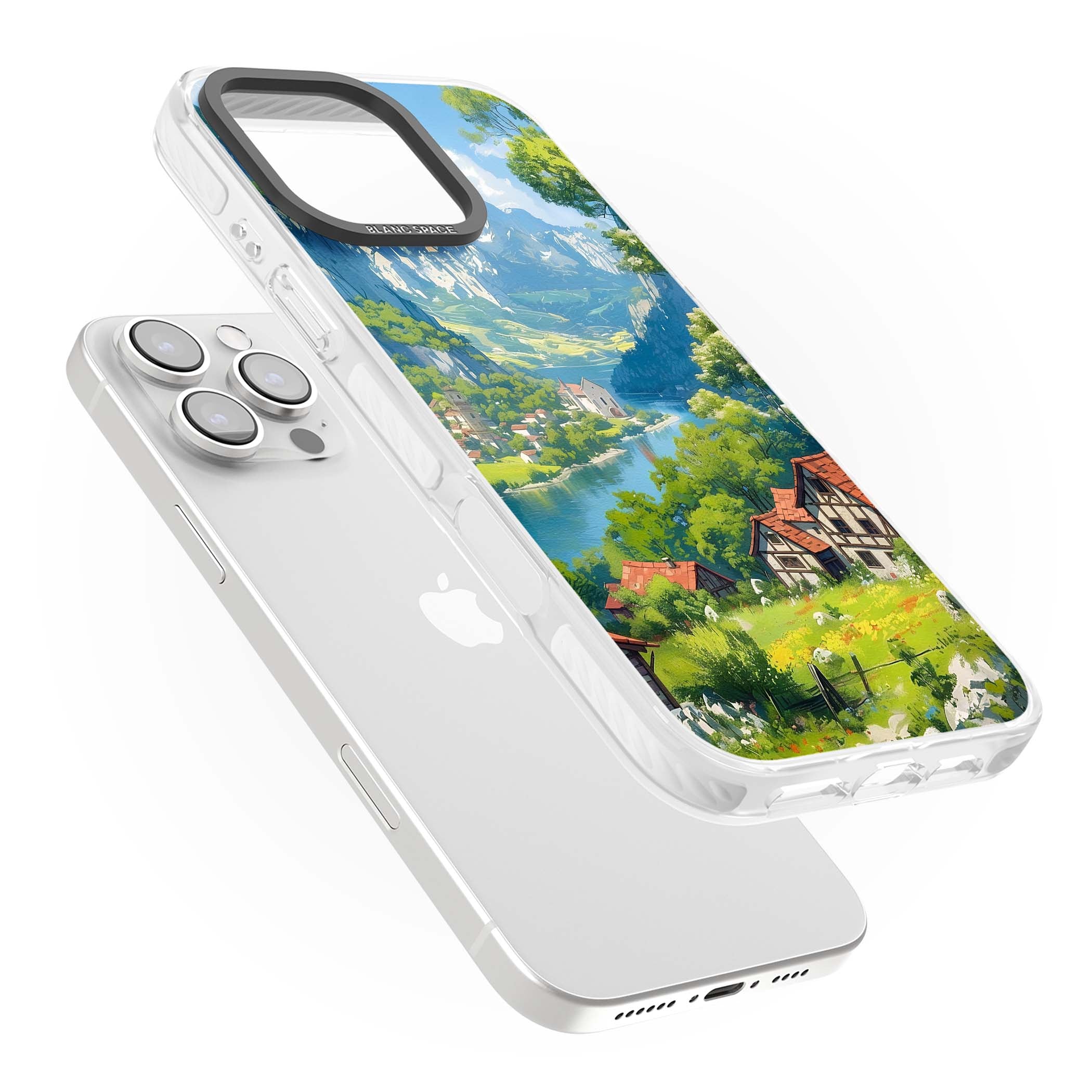 Village In The Valley anime iPhone case featuring a painted mountain village, river valley and half-timbered cottages. | Impact Magsafe case for iPhone 16 Pro, iPhone 16 Pro Max