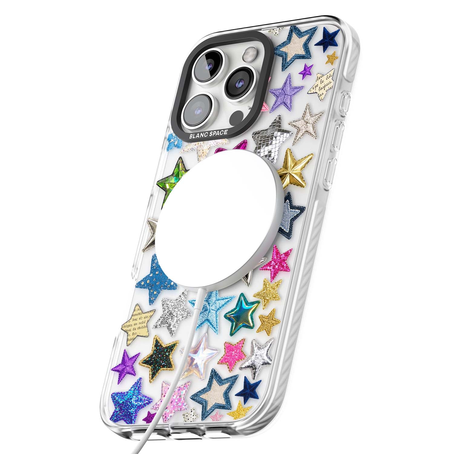 Crafty Star Mix Y2K iPhone case featuring embroidered, sequinned and glitter star patches in rainbow colours | Impact Magsafe case for iPhone 16 Pro, iPhone 16 Pro Max