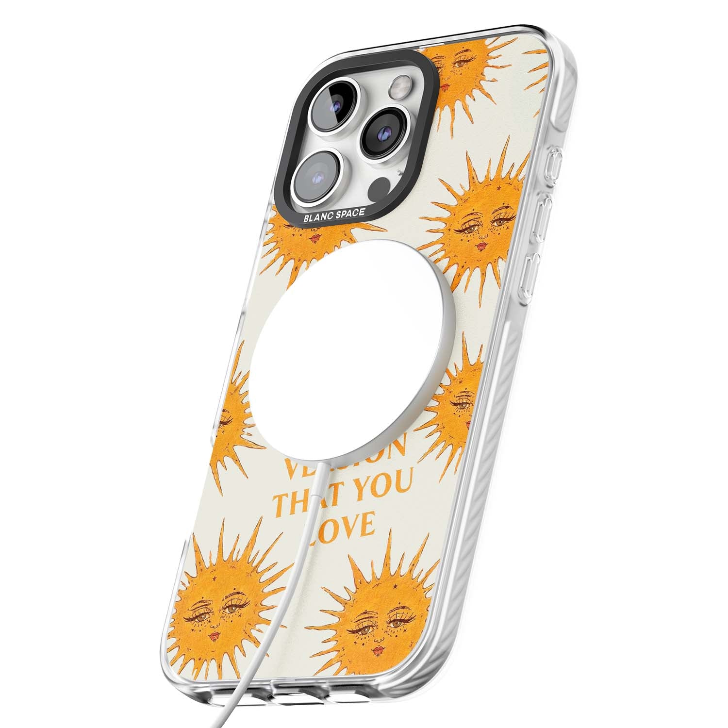 Don't Hate Yourself celestial iPhone case featuring vintage sun faces, ochre rays and a self-love quote | Impact Magsafe case for iPhone 16 Pro, iPhone 16 Pro Max