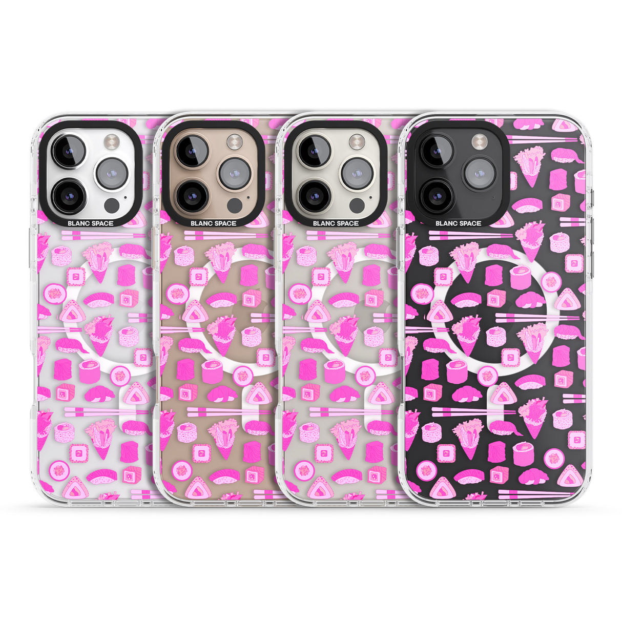 iPhone 16 Pro Max Bright Pink Sushi Pattern Black Impact Phone Case