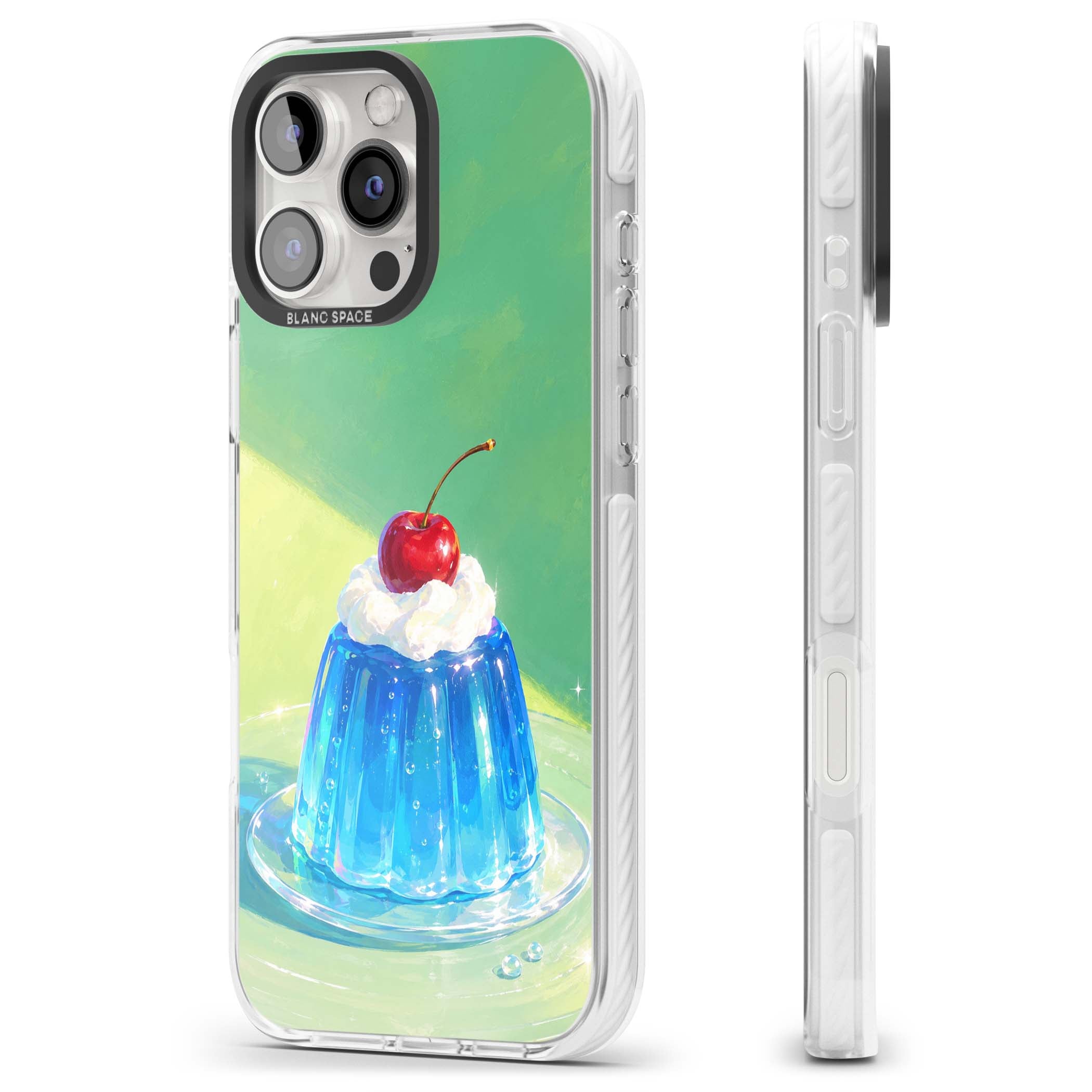 Cherry Jelly kawaii dessert iPhone case featuring blue jelly pudding, whipped cream and a red cherry | Impact Magsafe case for iPhone 16 Pro, iPhone 16 Pro Max