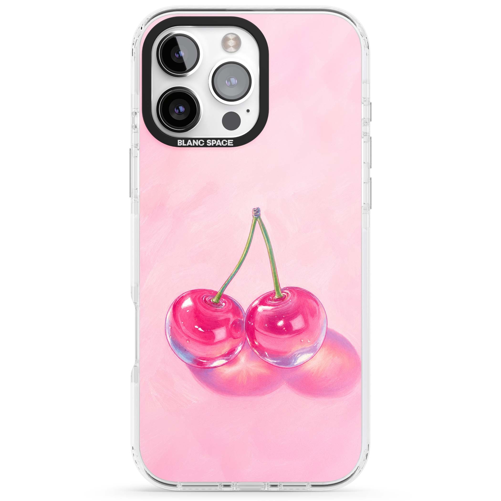Pink Glass Cherry coquette iPhone case featuring two glossy painted cherries on a soft pink background | Impact Magsafe case for iPhone 16 Pro, iPhone 16 Pro Max