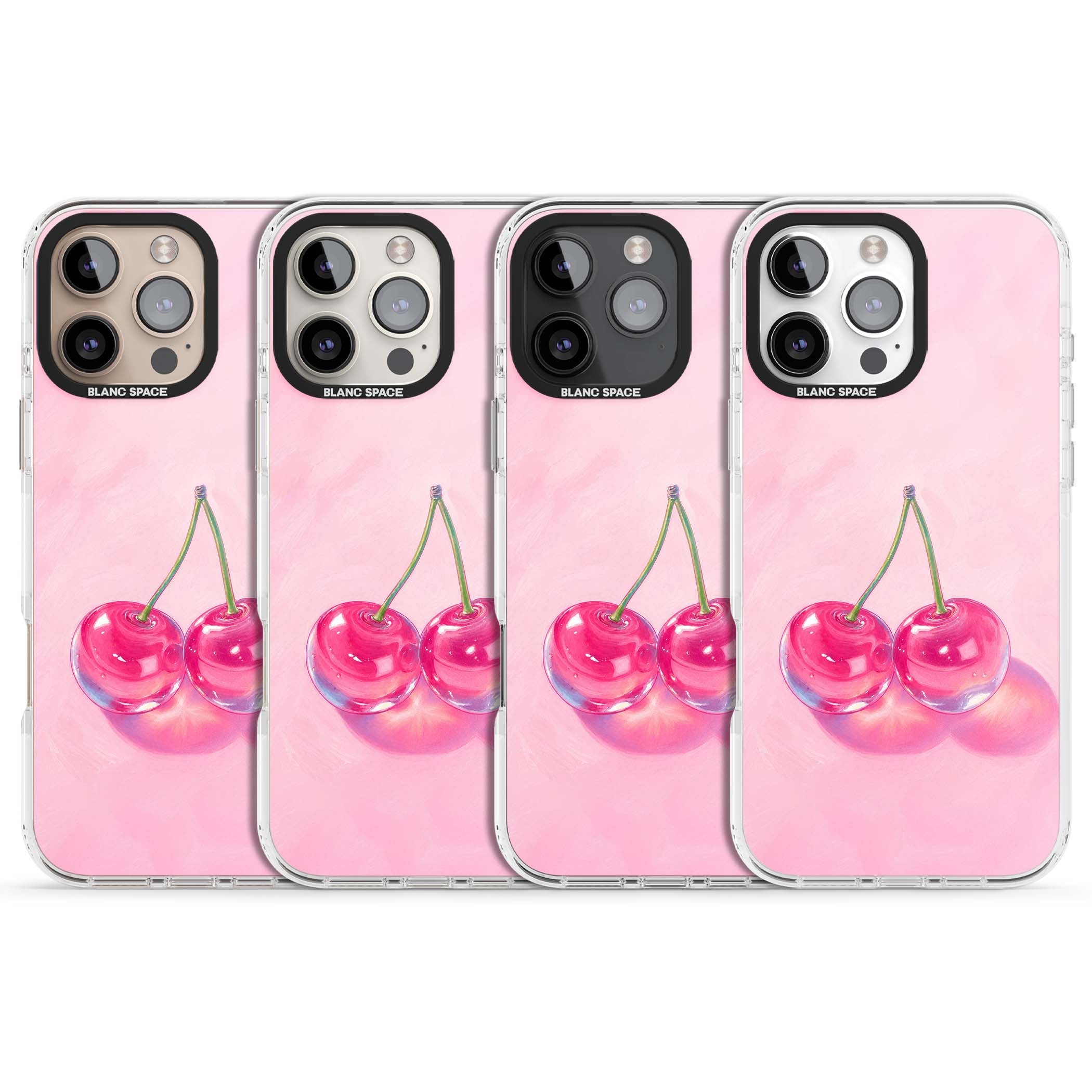 Pink Glass Cherry coquette iPhone case featuring two glossy painted cherries on a soft pink background | Impact Magsafe case for iPhone 16 Pro, iPhone 16 Pro Max