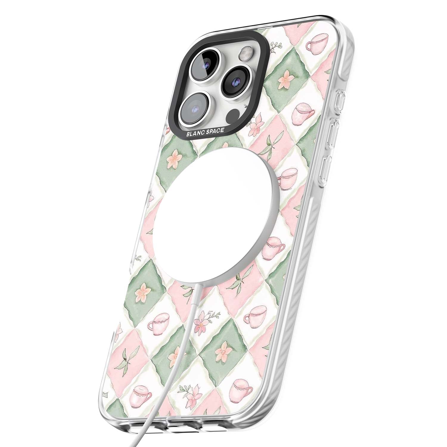 Garden Tea Party coquette iPhone case with pink and green checkered pattern, watercolour teacups and wildflowers | Impact Magsafe case for iPhone 16 Pro, iPhone 16 Pro Max