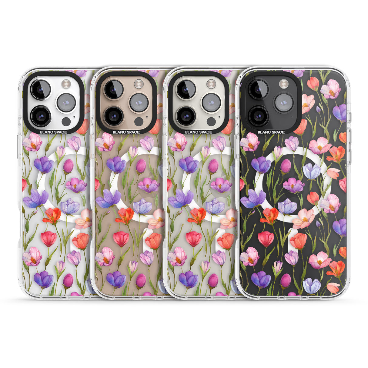 iPhone 16 Pro Max Red, Pink & Purple Flowers Black Impact Phone Case + Magsafe