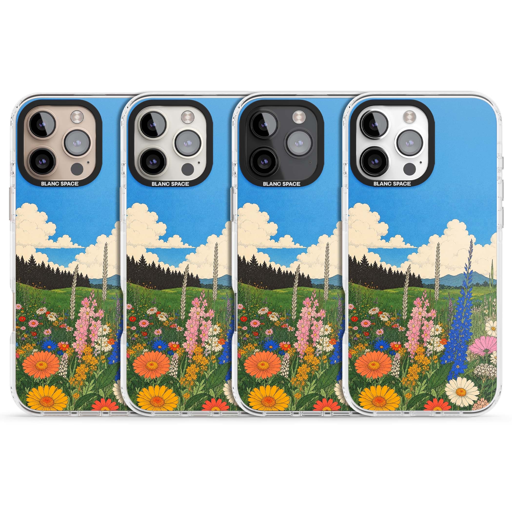 Wildbloom wildflower iPhone case featuring a vintage Japanese-style meadow landscape with daisies, delphiniums and moun | Impact Magsafe case for iPhone 16 Pro, iPhone 16 Pro Max