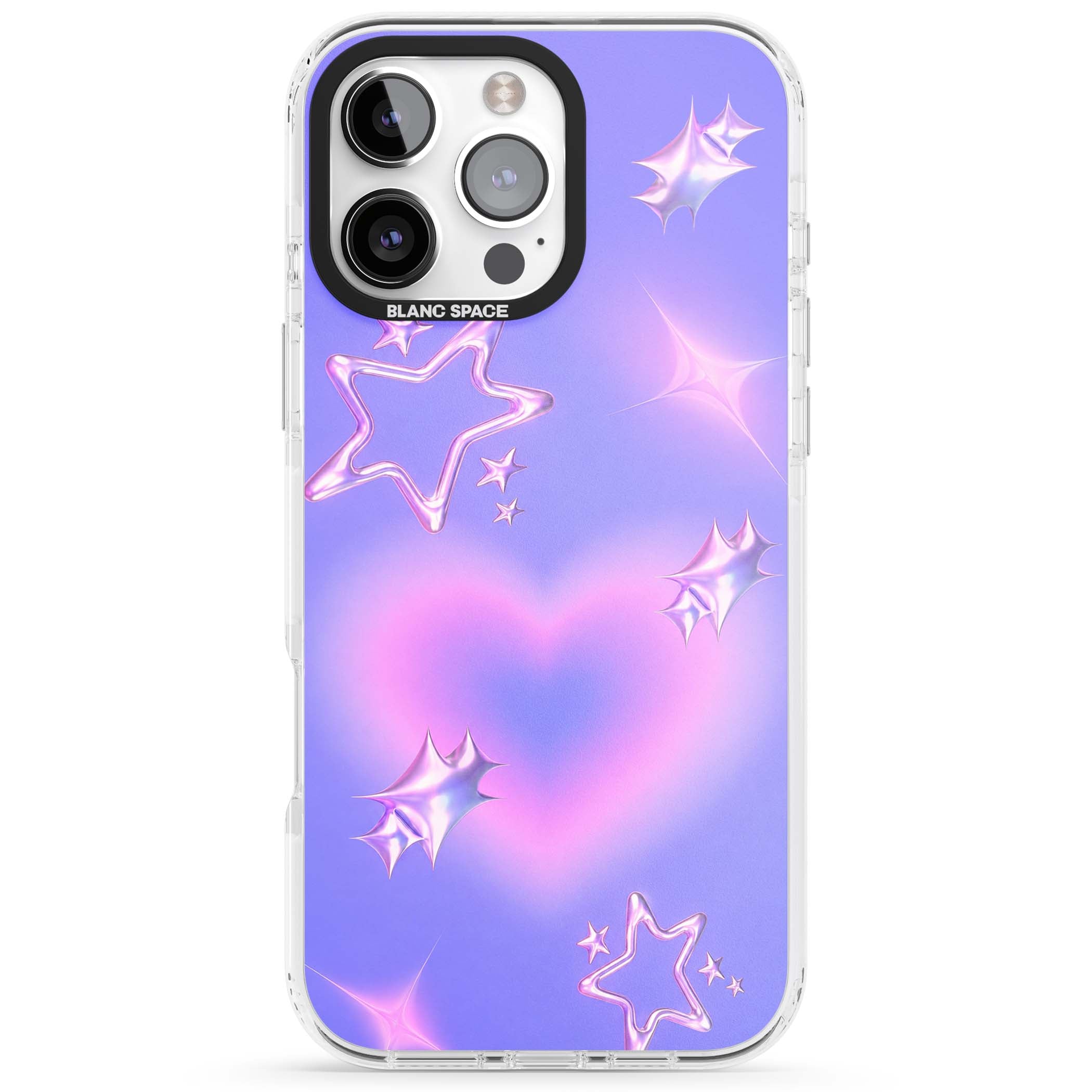 Soft Sugar Y2K iPhone case featuring iridescent chrome hearts, metallic pink stars and a lavender gradient sky | Impact Magsafe case for iPhone 16 Pro, iPhone 16 Pro Max