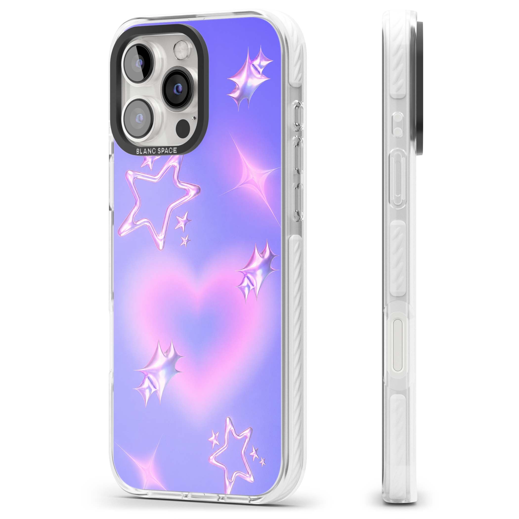 Soft Sugar Y2K iPhone case featuring iridescent chrome hearts, metallic pink stars and a lavender gradient sky | Impact Magsafe case for iPhone 16 Pro, iPhone 16 Pro Max