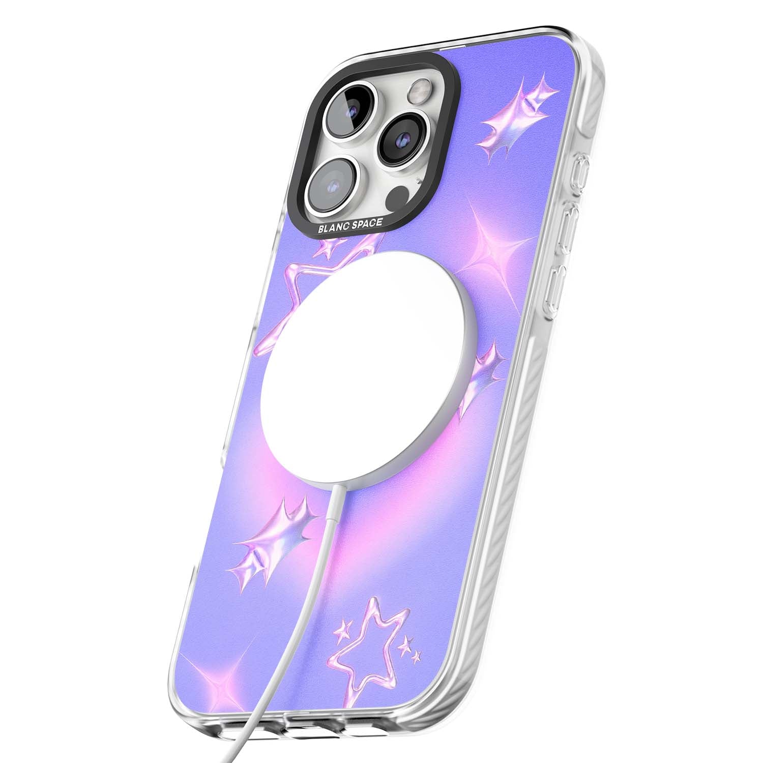 Soft Sugar Y2K iPhone case featuring iridescent chrome hearts, metallic pink stars and a lavender gradient sky | Impact Magsafe case for iPhone 16 Pro, iPhone 16 Pro Max