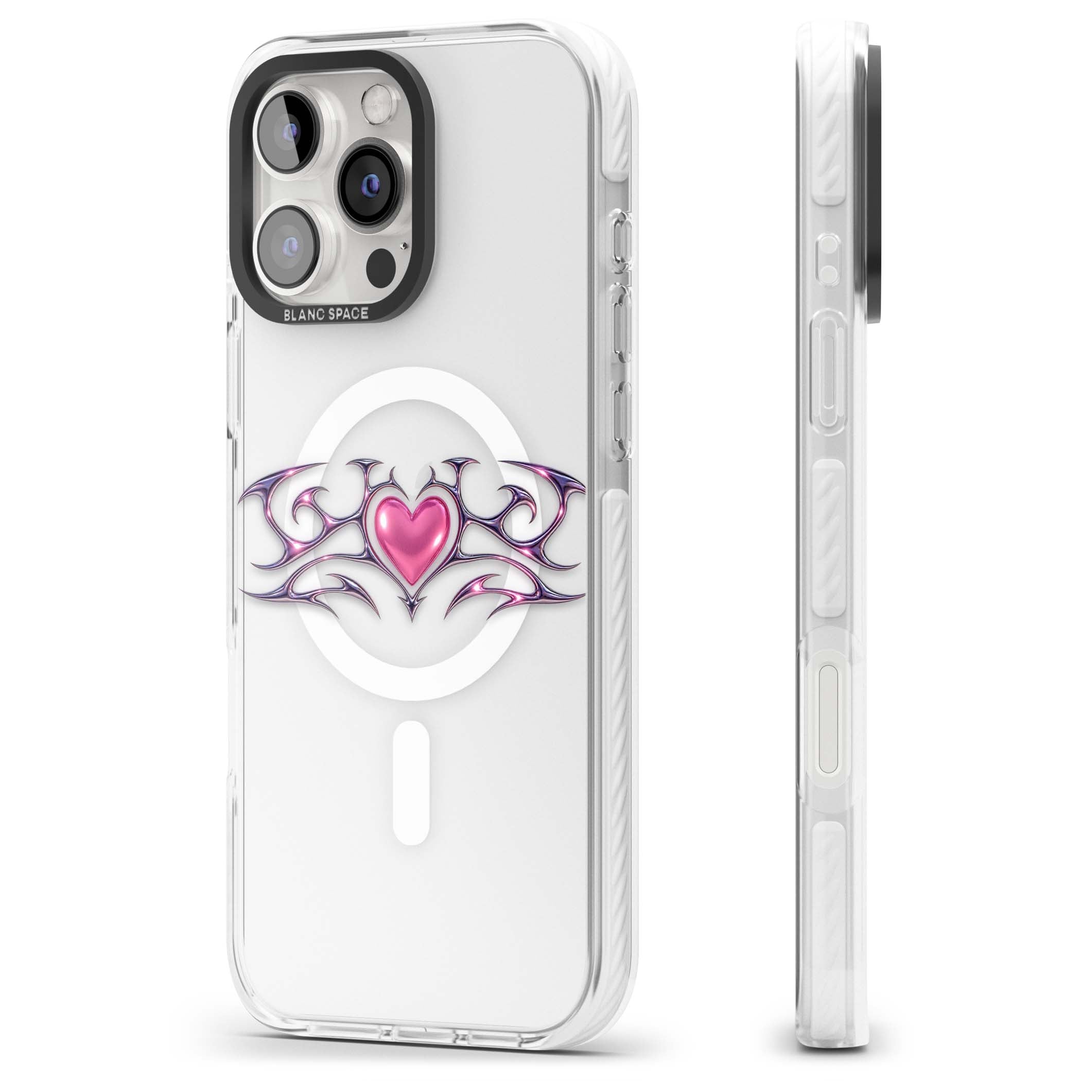 Pink Chrome Heart y2k iPhone case | Impact Magsafe case for iPhone 16 Pro, iPhone 16 Pro Max