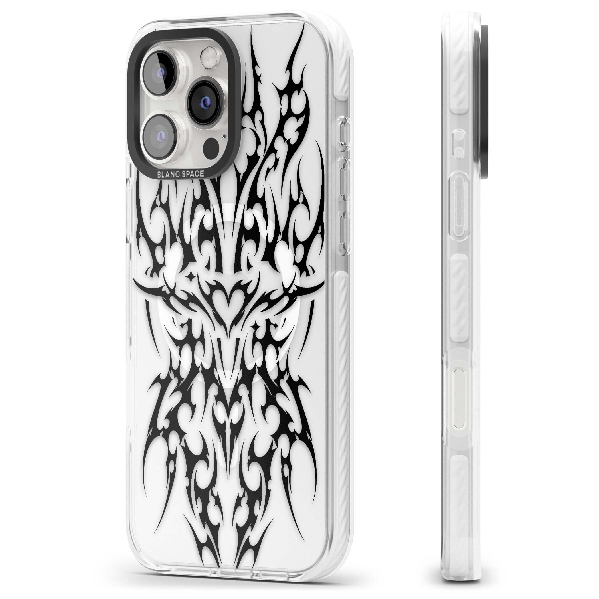 Neo Tribal Heart gothic iPhone case featuring symmetrical black tribal tattoo art with sharp thorn-like linework | Impact Magsafe case for iPhone 16 Pro, iPhone 16 Pro Max