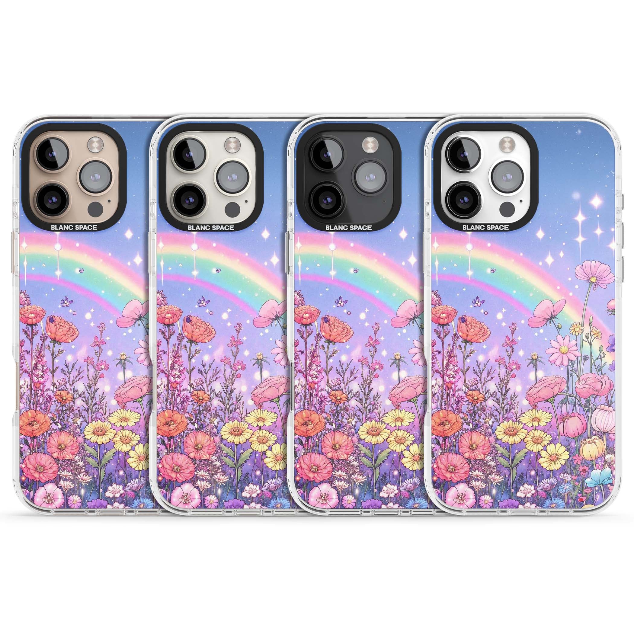 Magical Meadow fairycore iPhone case featuring a pastel rainbow, sparkling stars and a wildflower meadow | Clear Impact case for iPhone 16 Pro, iPhone 16 Pro Max