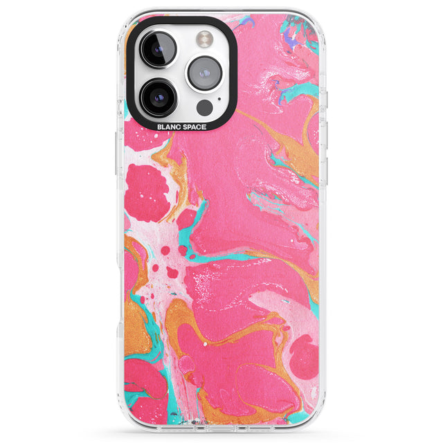 iPhone 16 Pro Max Pink, Orange & Turquoise Marbled Paper Pattern Black Impact Phone Case