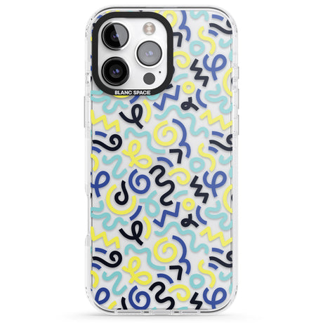 iPhone 16 Pro Max Blue & Yellow Shapes Memphis Retro Pattern Design Black Impact Phone Case