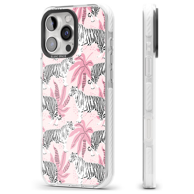 iPhone 16 Pro Max White Tigers on Pink Pattern Black Impact Phone Case