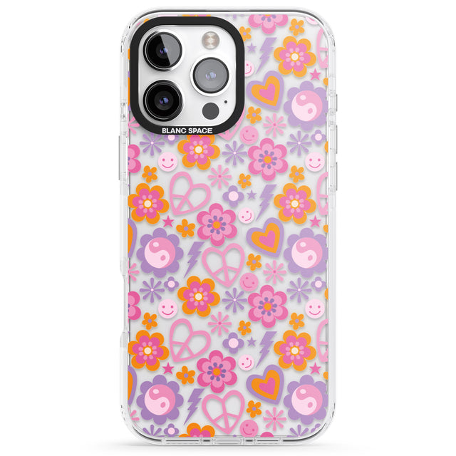 iPhone 16 Pro Max Peace, Love and Flowers Pattern Black Impact Phone Case