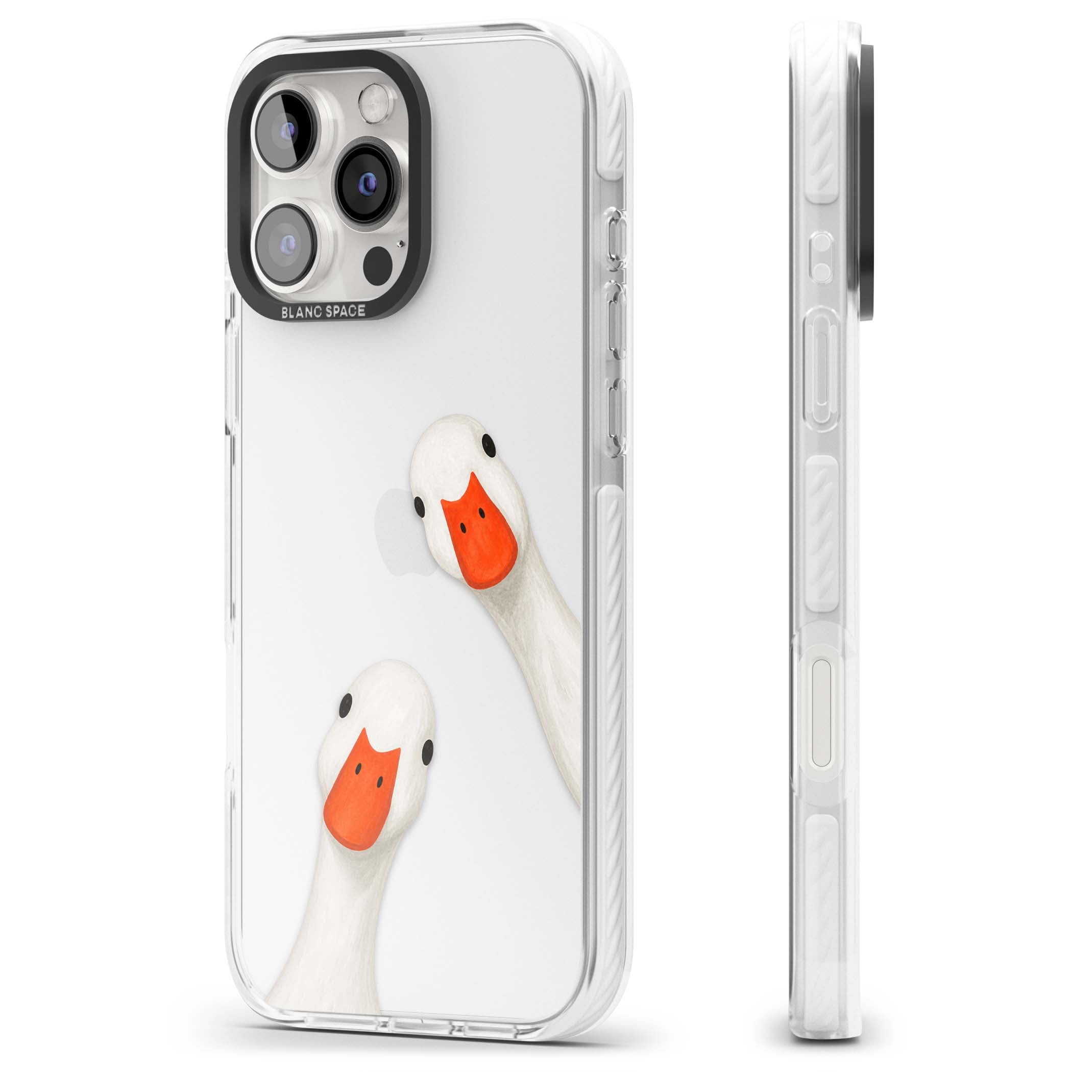 Nosy Ducks cottagecore iPhone case featuring two peeking white ducks with orange beaks on a clear background | Clear Impact case for iPhone 16 Pro, iPhone 16 Pro Max