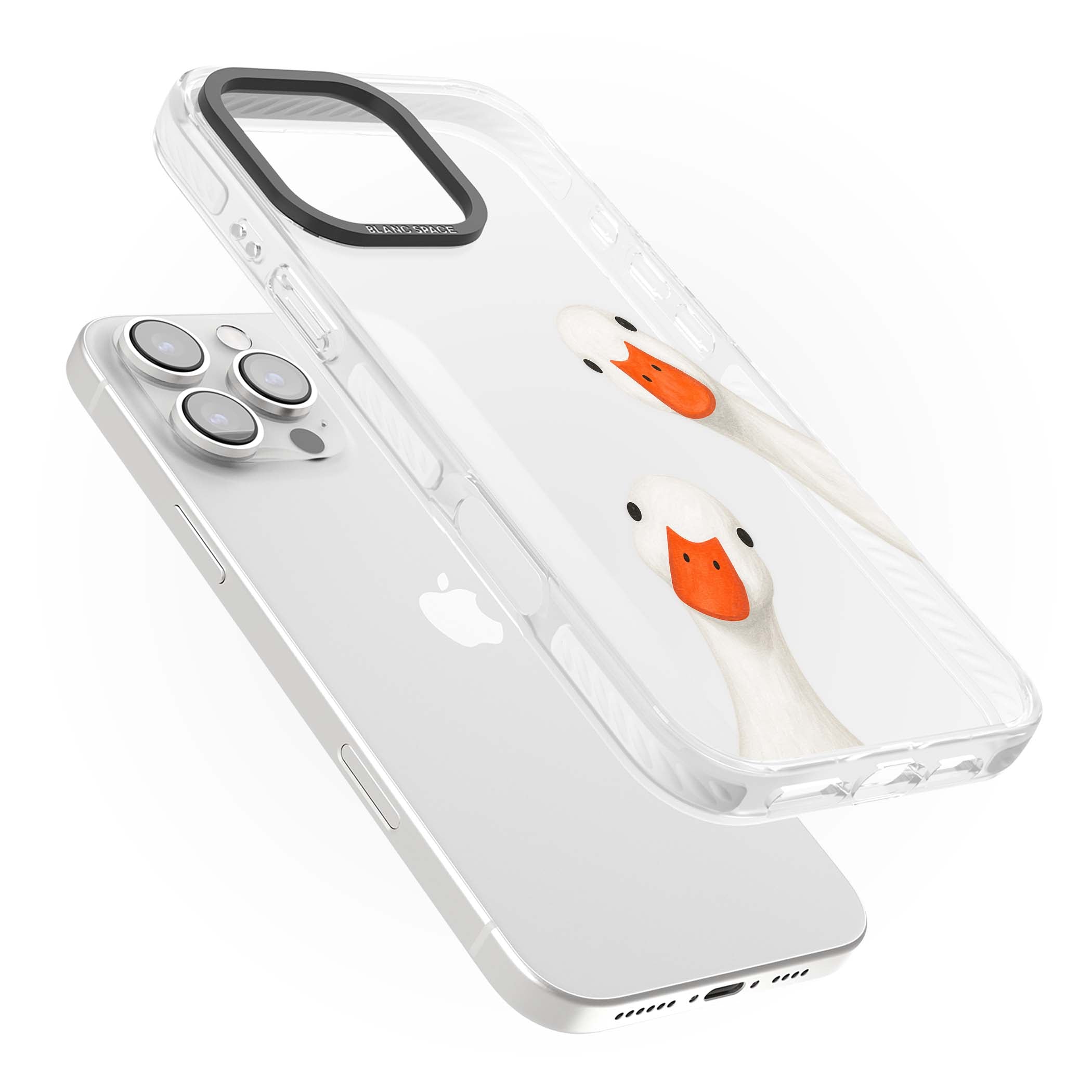Nosy Ducks cottagecore iPhone case featuring two peeking white ducks with orange beaks on a clear background | Clear Impact case for iPhone 16 Pro, iPhone 16 Pro Max