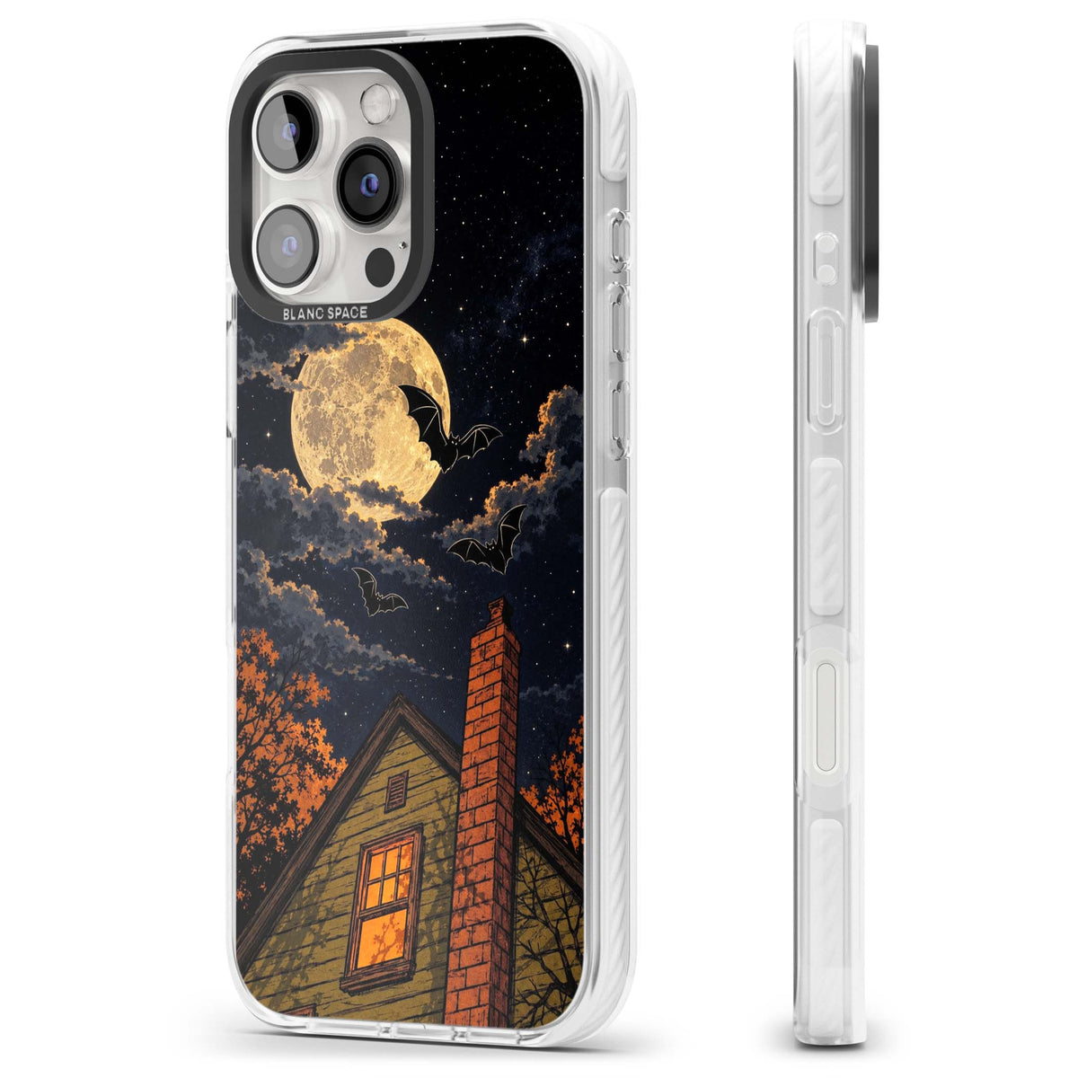 Hollows Eve Halloween iPhone case featuring a haunted house, full moon and flying bats against a starry autumn sky | Clear Impact case for iPhone 16 Pro, iPhone 16 Pro Max