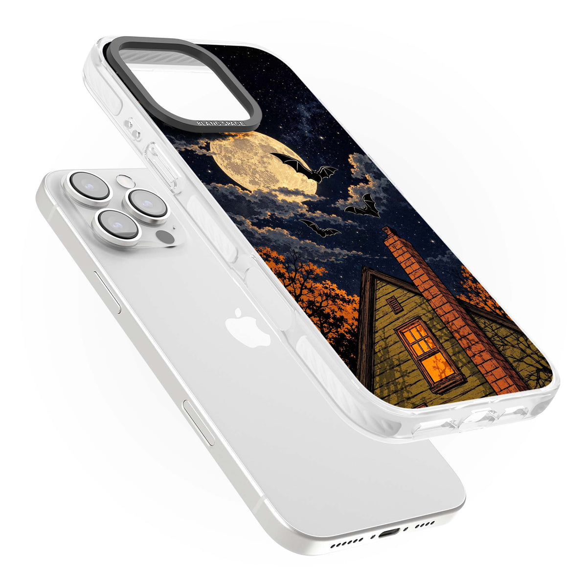 Hollows Eve Halloween iPhone case featuring a haunted house, full moon and flying bats against a starry autumn sky | Clear Impact case for iPhone 16 Pro, iPhone 16 Pro Max