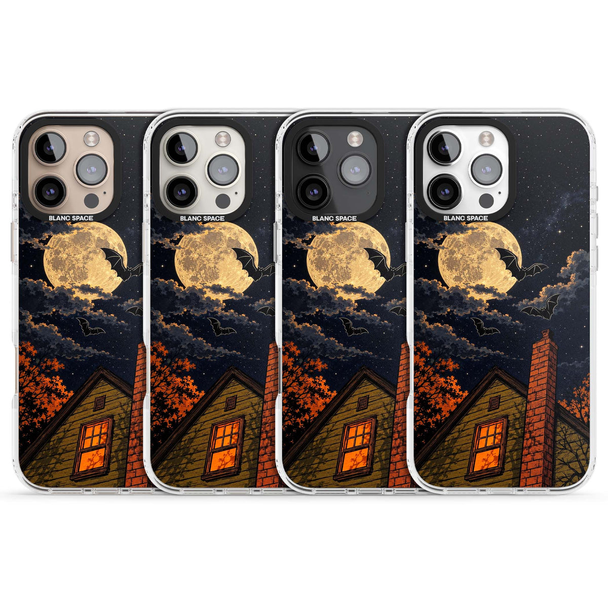 Hollows Eve Halloween iPhone case featuring a haunted house, full moon and flying bats against a starry autumn sky | Clear Impact case for iPhone 16 Pro, iPhone 16 Pro Max