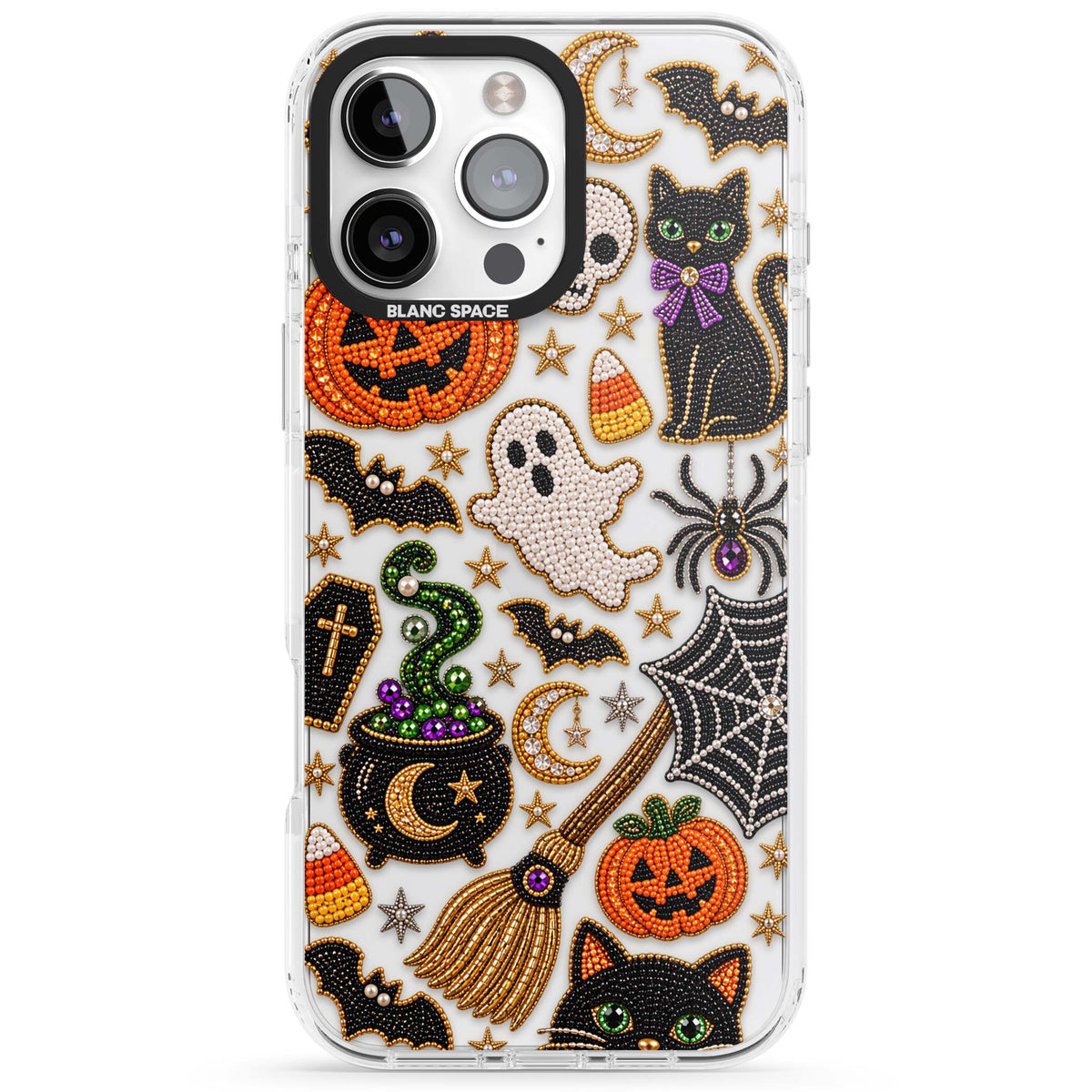 Beaded Halloween Halloween iPhone case featuring beaded pumpkins, ghosts, black cats and bats | Clear Impact case for iPhone 16 Pro, iPhone 16 Pro Max