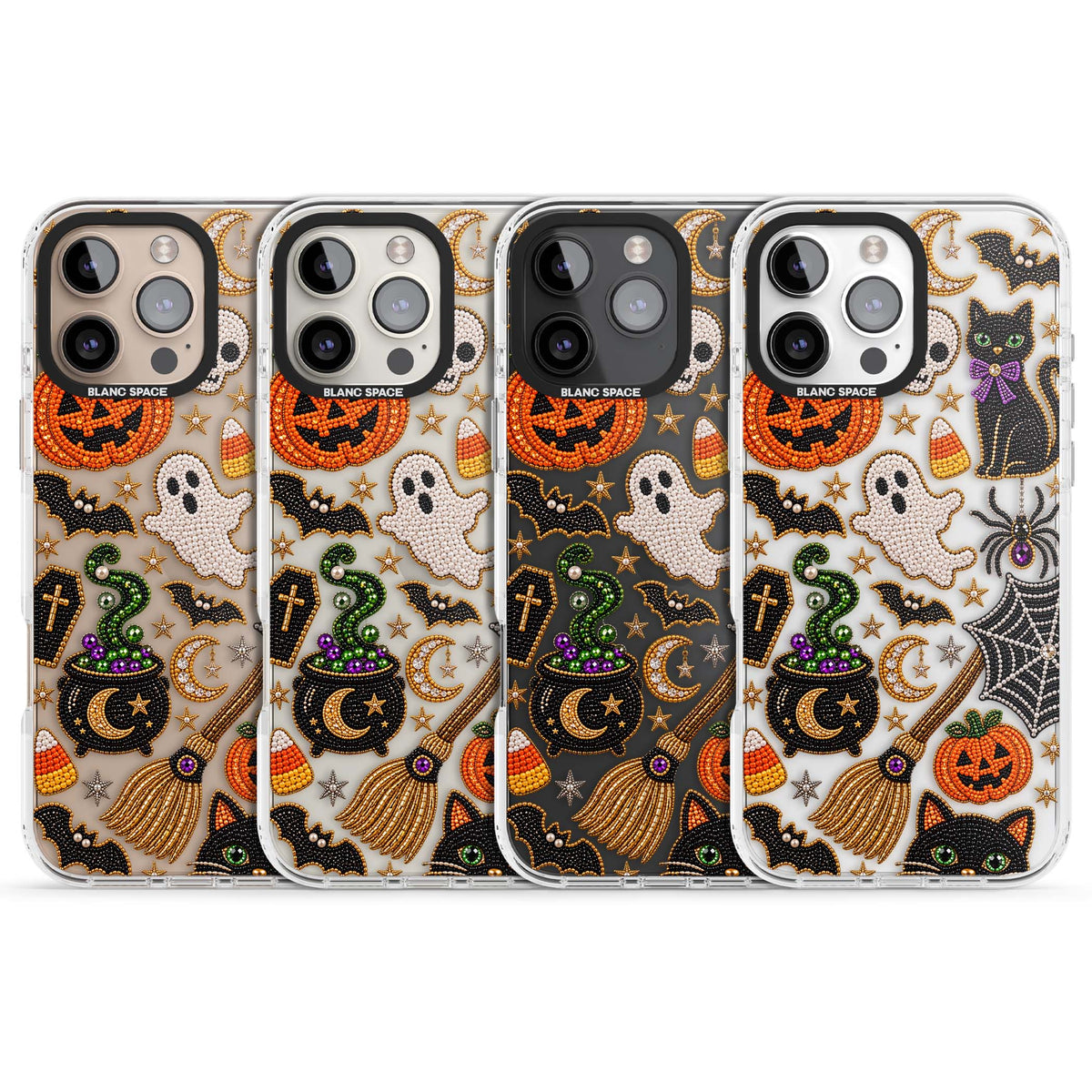 Beaded Halloween Halloween iPhone case featuring beaded pumpkins, ghosts, black cats and bats | Clear Impact case for iPhone 16 Pro, iPhone 16 Pro Max