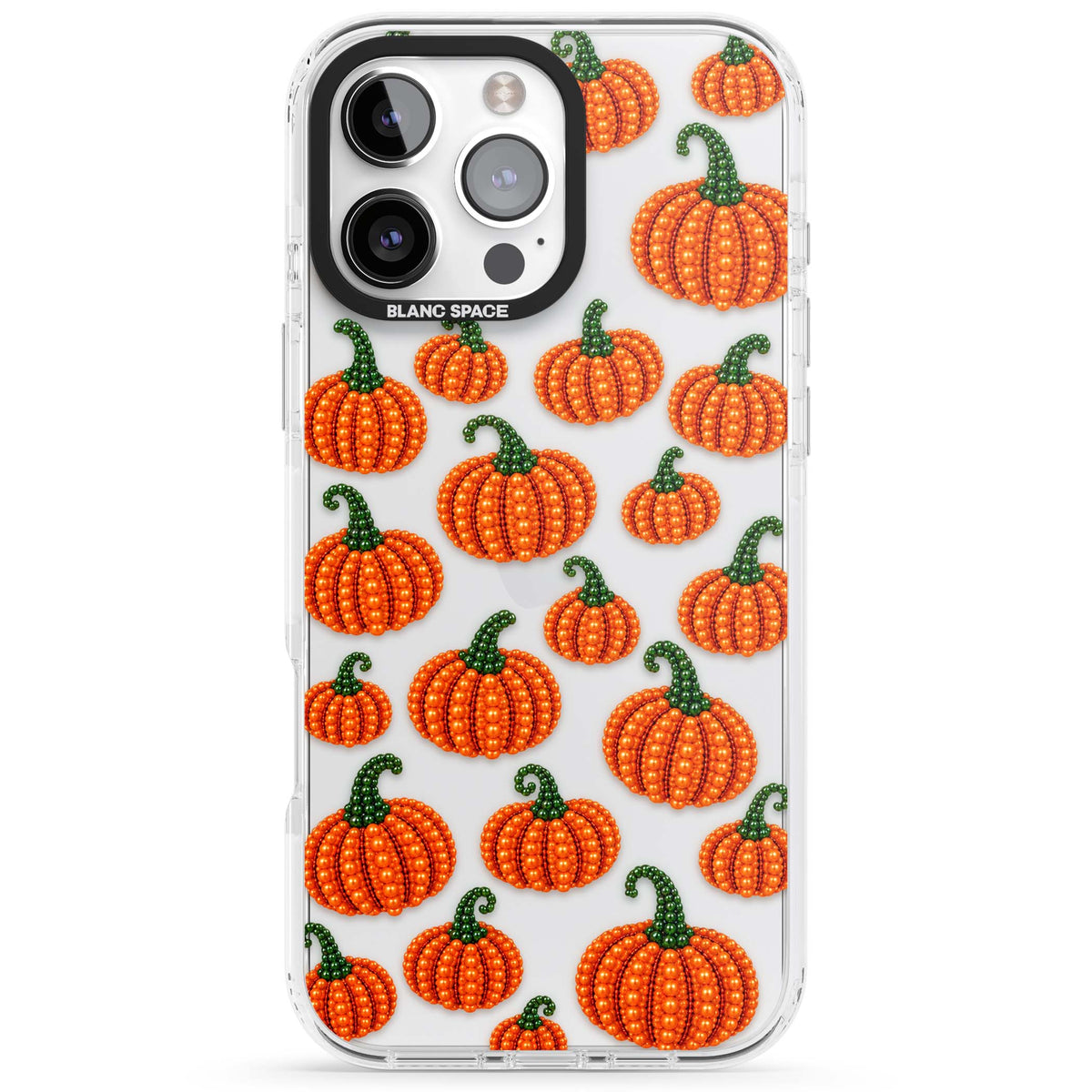 Beaded Pumpkins halloween iPhone case featuring beaded orange pumpkins with green stems on a clear background | Clear Impact case for iPhone 16 Pro, iPhone 16 Pro Max