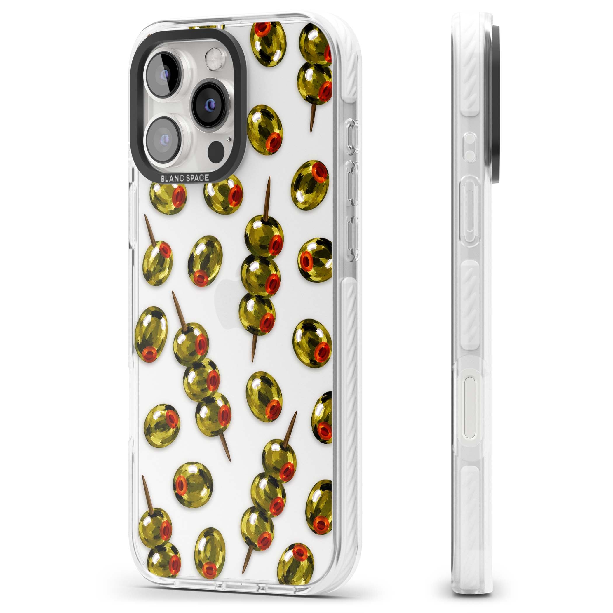 Painted Olives cocktail iPhone case featuring green olives, pimento centres and toothpick skewers on a clear background | Clear Impact case for iPhone 16 Pro, iPhone 16 Pro Max
