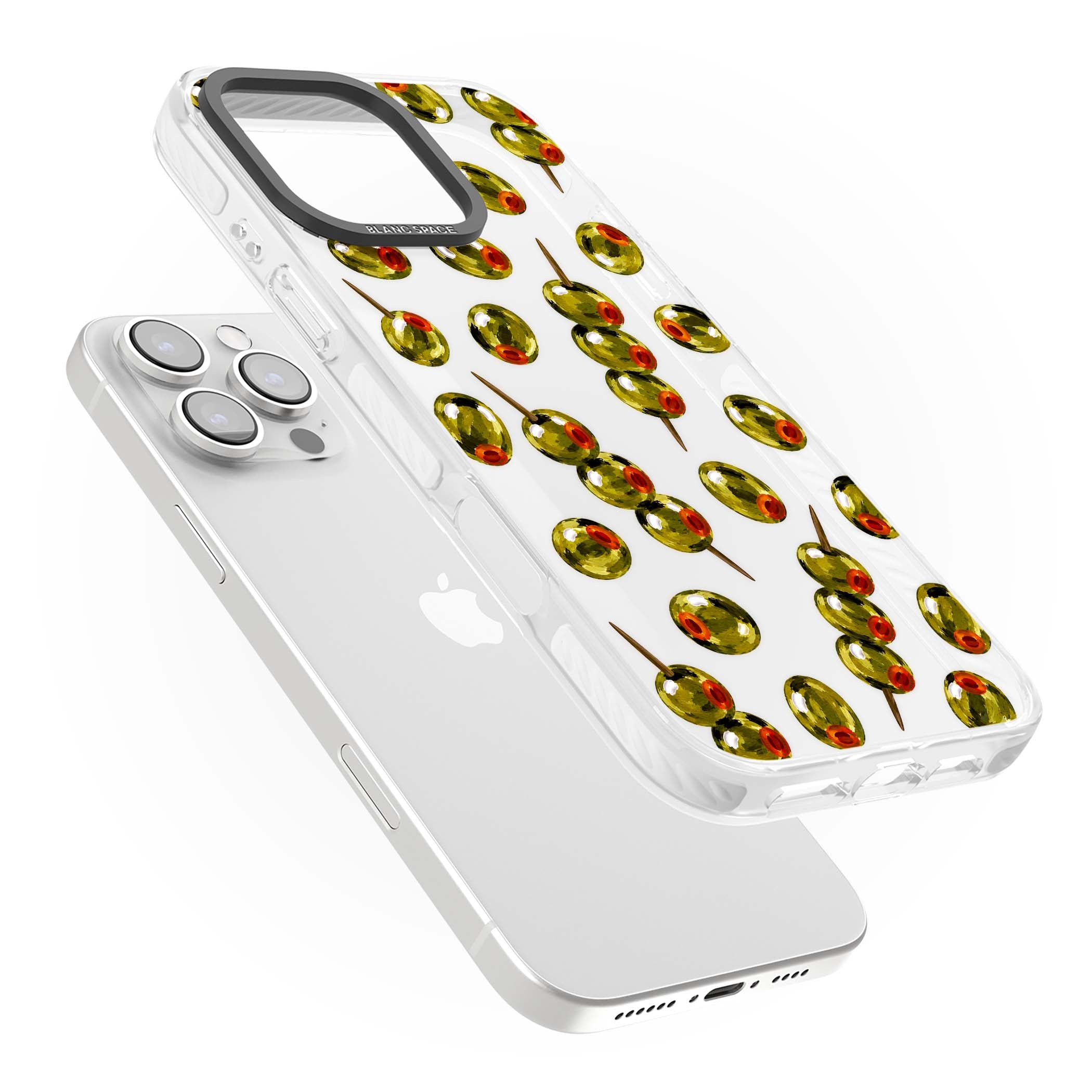 Painted Olives cocktail iPhone case featuring green olives, pimento centres and toothpick skewers on a clear background | Clear Impact case for iPhone 16 Pro, iPhone 16 Pro Max