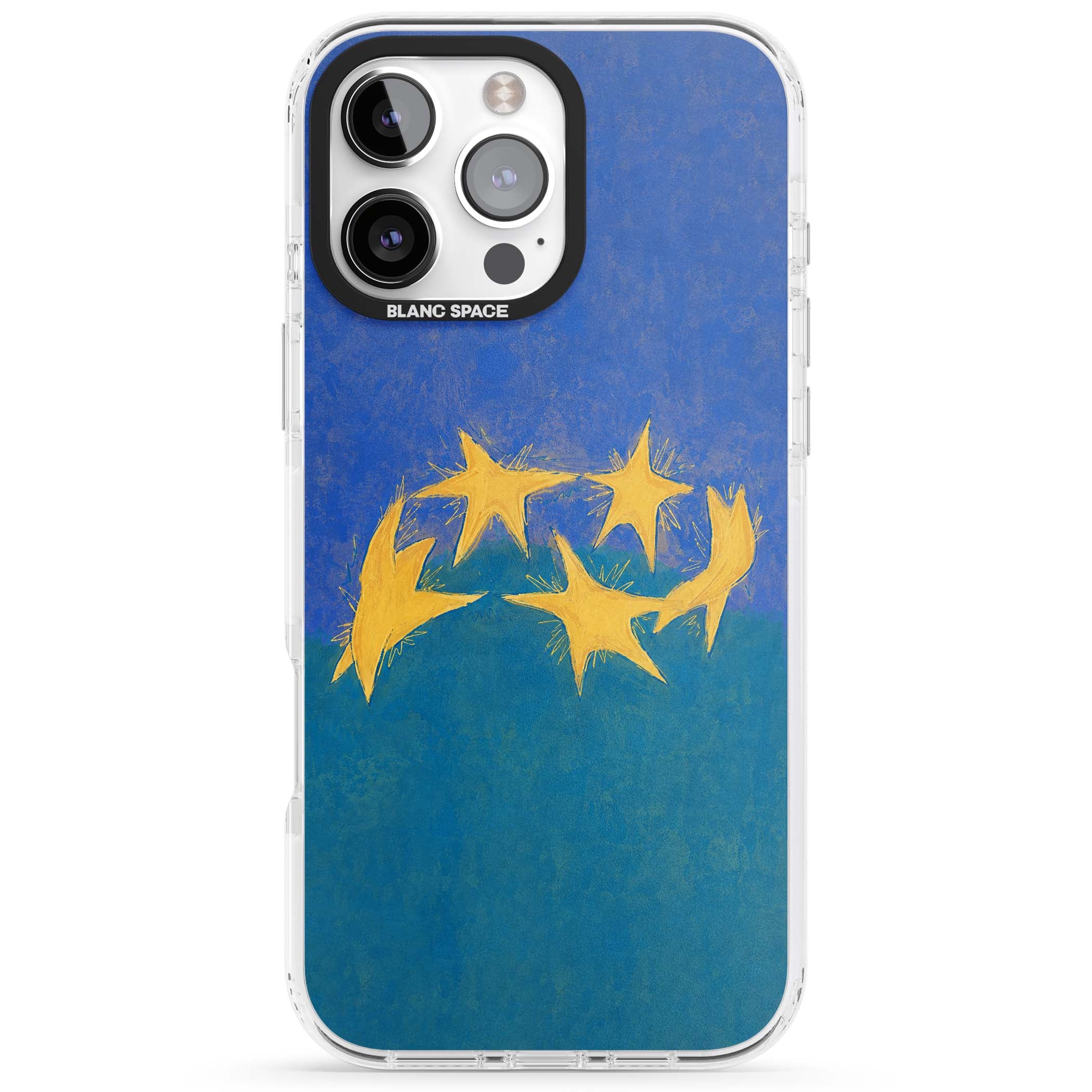 Star Boogie stars aesthetic iPhone case featuring five yellow hand-painted stars on cobalt blue and teal | Clear Impact case for iPhone 16 Pro, iPhone 16 Pro Max