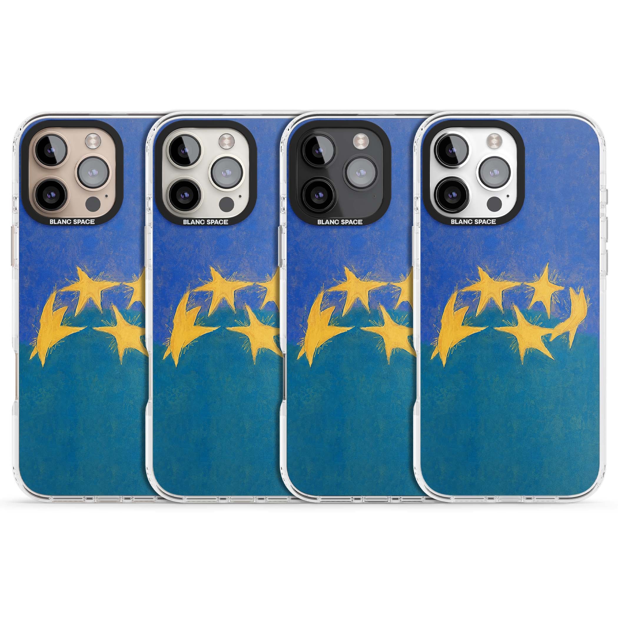 Star Boogie stars aesthetic iPhone case featuring five yellow hand-painted stars on cobalt blue and teal | Clear Impact case for iPhone 16 Pro, iPhone 16 Pro Max