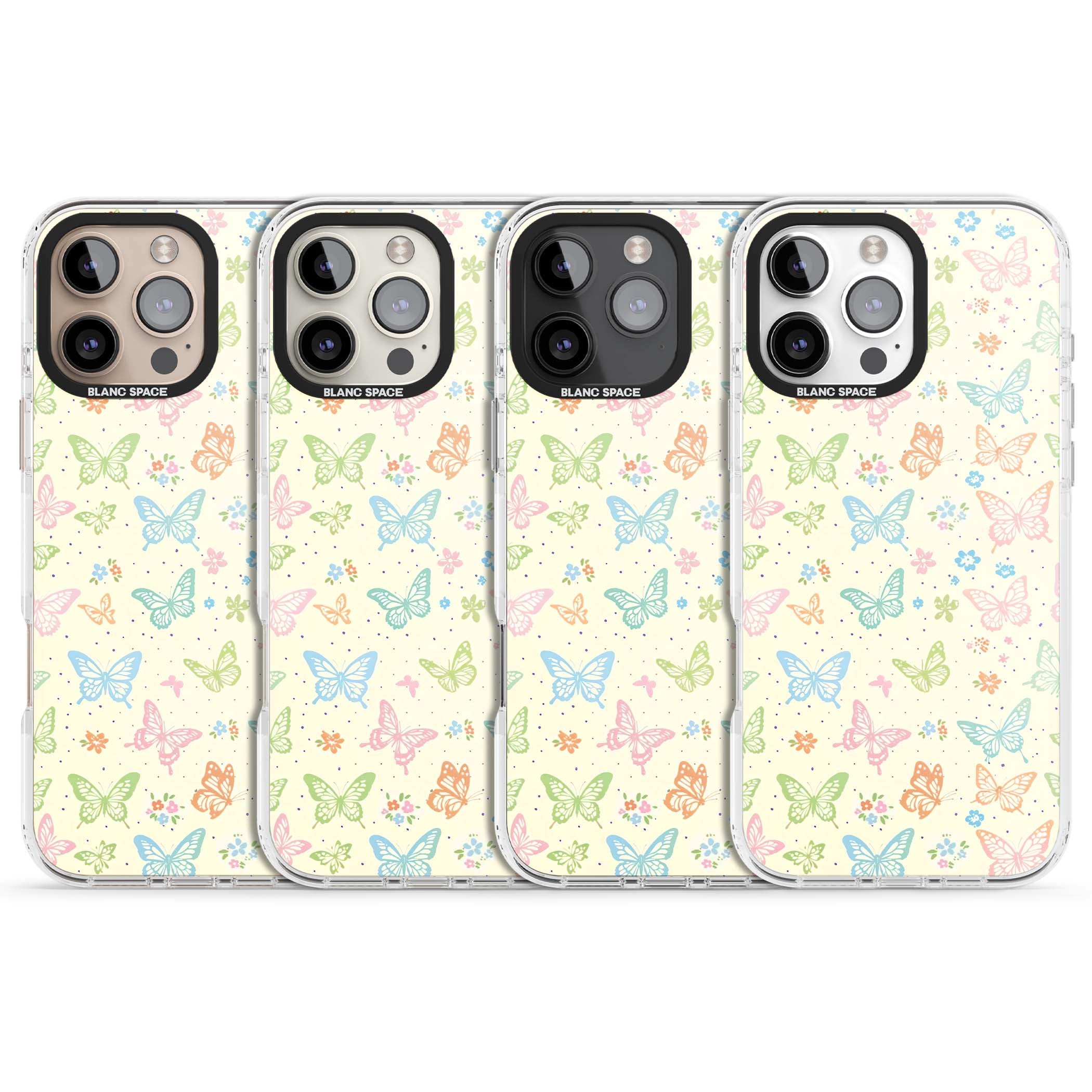 Sugar Wings cottagecore iPhone case featuring rainbow pastel butterflies, tiny wildflowers, and a cream background | Clear Impact case for iPhone 16 Pro, iPhone 16 Pro Max
