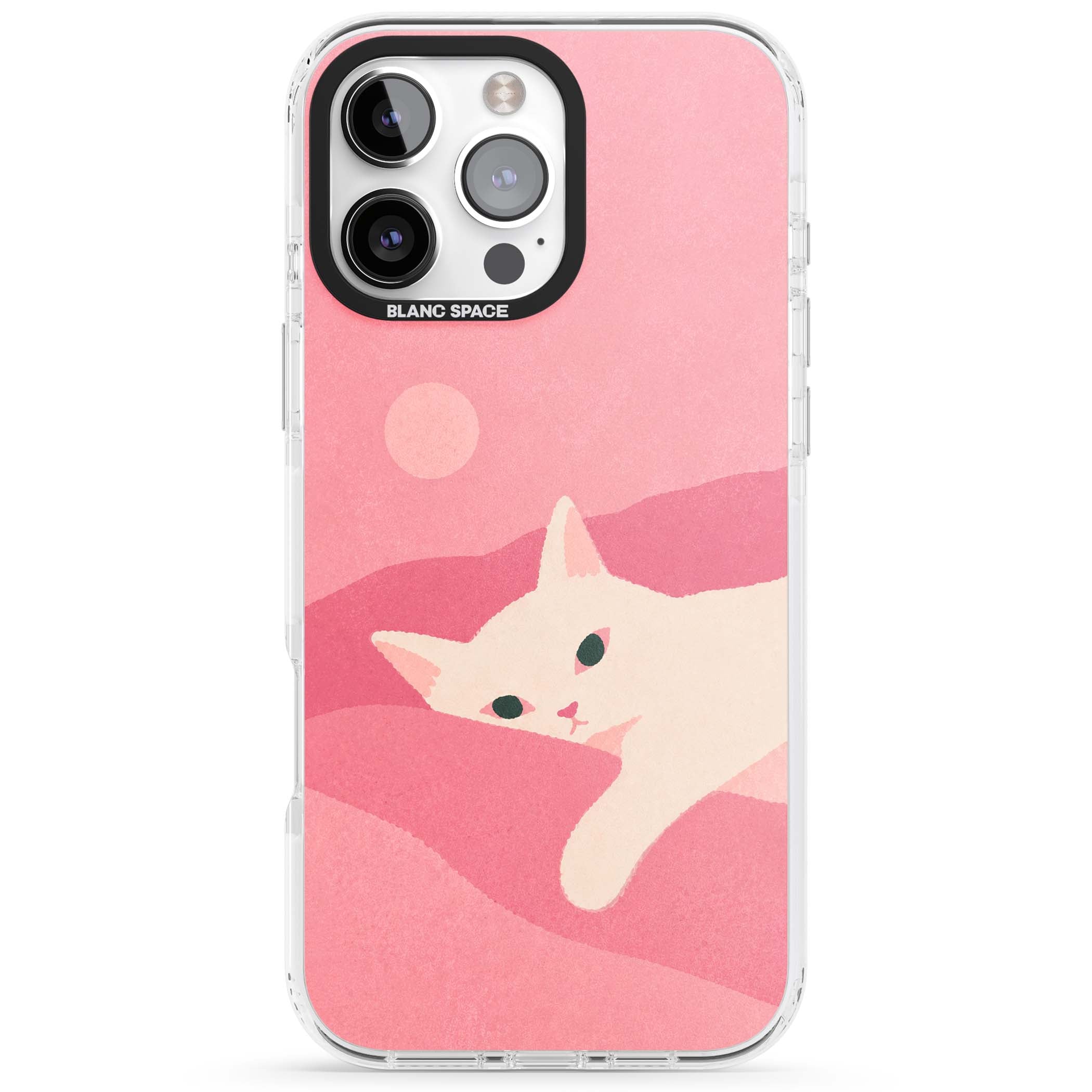 Pink Dreams cute cat iPhone case featuring a white kitten, soft pink hills and a pale pastel sun | Clear Impact case for iPhone 16 Pro, iPhone 16 Pro Max