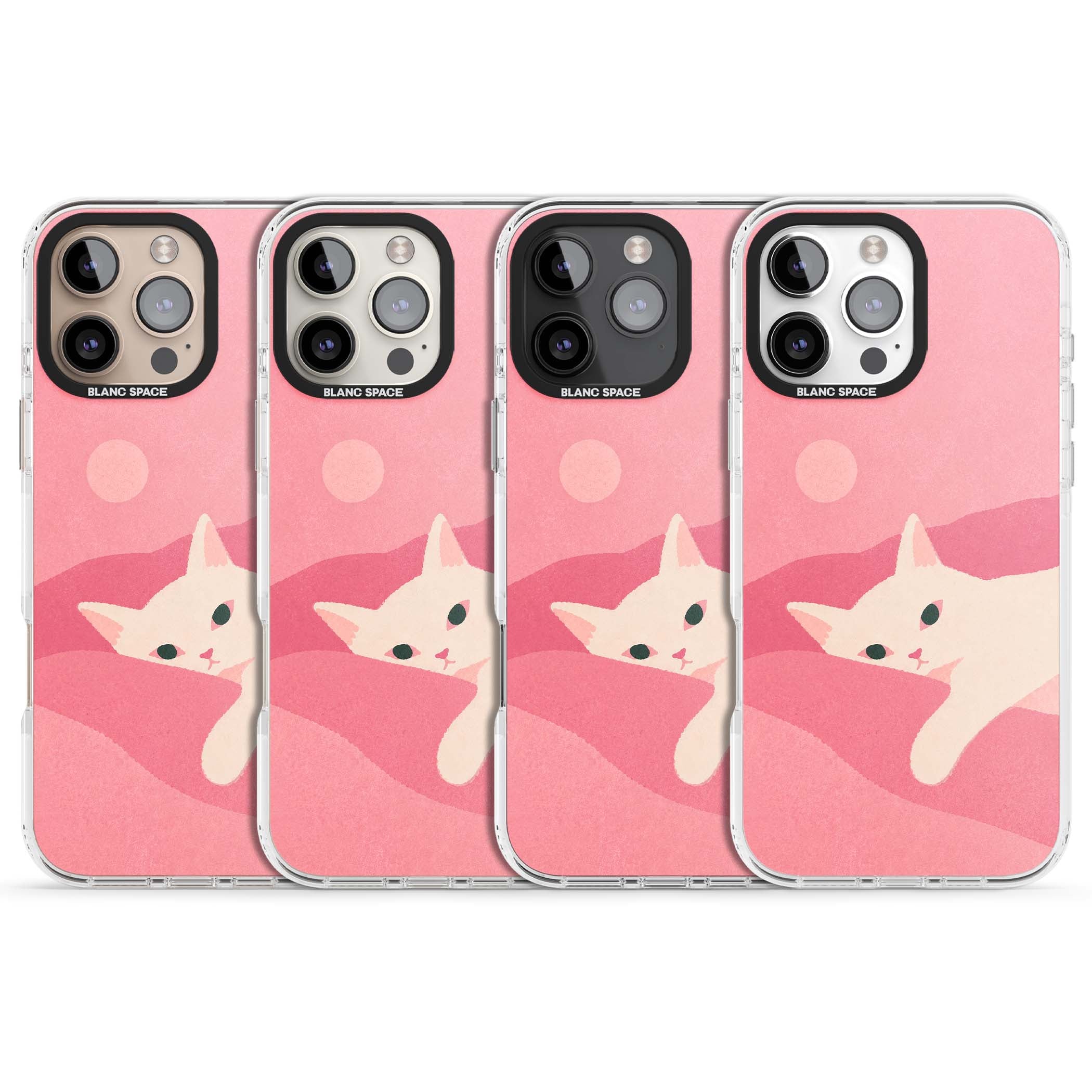 Pink Dreams cute cat iPhone case featuring a white kitten, soft pink hills and a pale pastel sun | Clear Impact case for iPhone 16 Pro, iPhone 16 Pro Max
