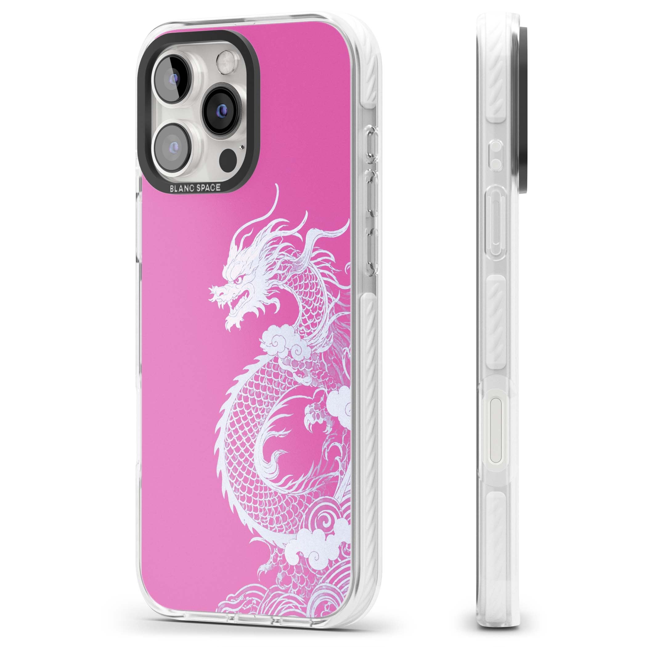 Pink Empress chinese dragon iPhone case featuring a white dragon, swirling clouds and pink dragon wallpaper backdrop | Clear Impact case for iPhone 16 Pro, iPhone 16 Pro Max