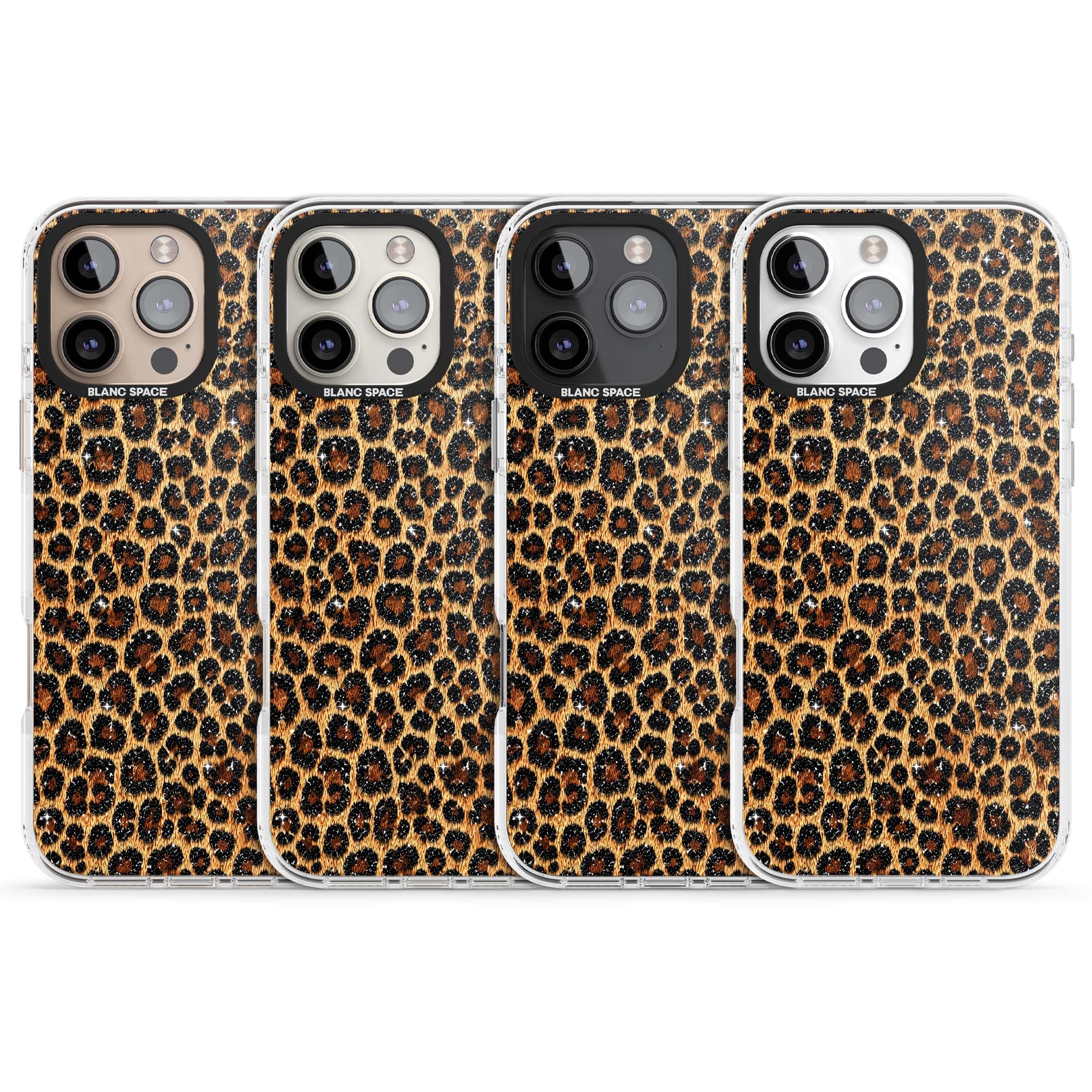 Diamond Leopard leopard print iPhone case featuring golden tan fur, black rosette spots and subtle glitter sparkle | Clear Impact case for iPhone 16 Pro, iPhone 16 Pro Max