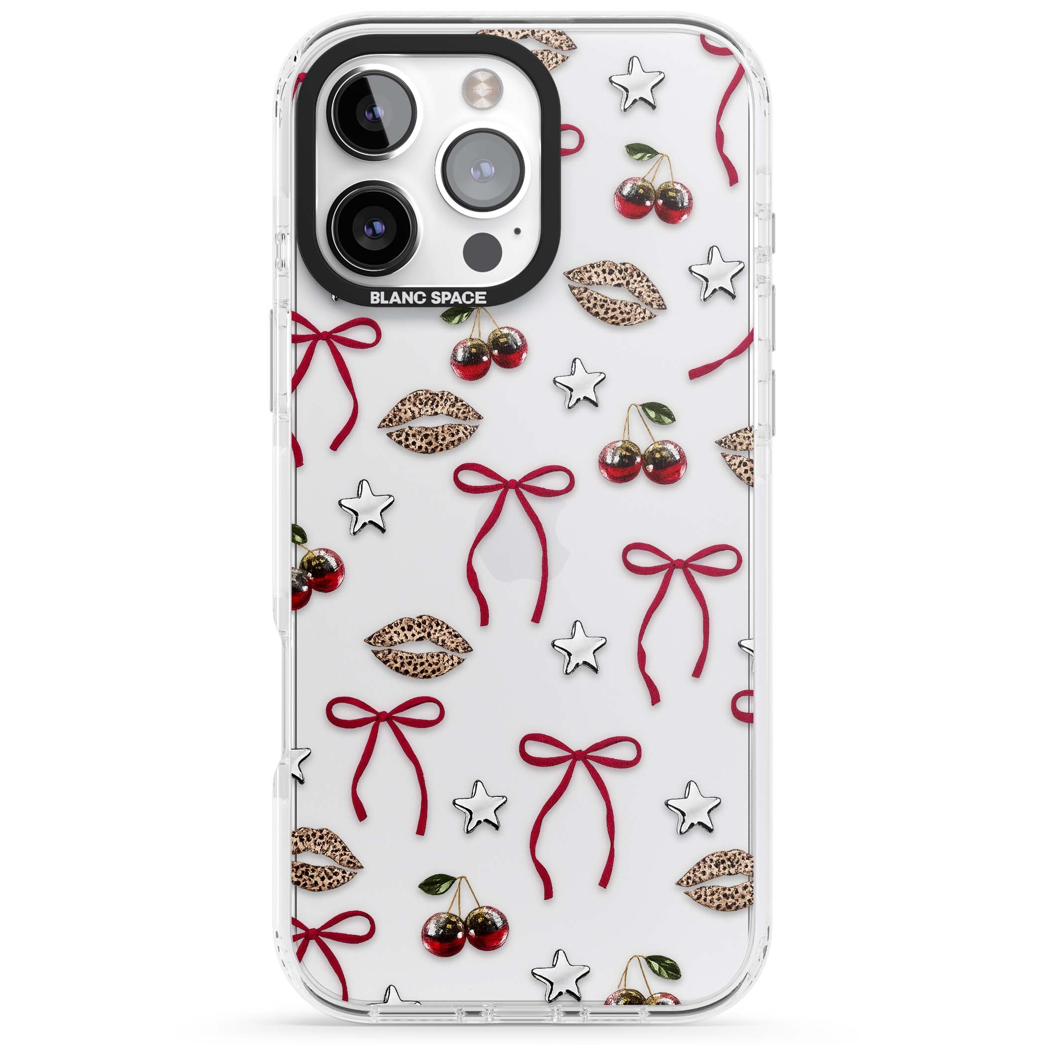 Starlet coquette iPhone case featuring red ribbon bows, disco cherries and leopard-print lips | Clear Impact case for iPhone 16 Pro, iPhone 16 Pro Max