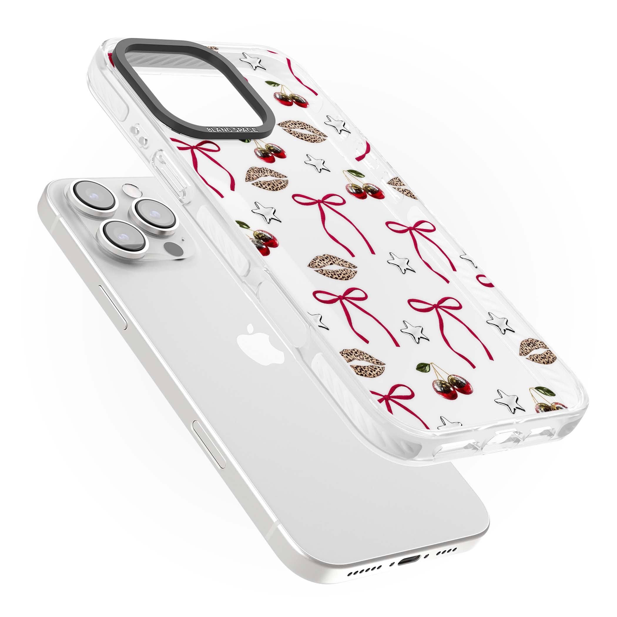 Starlet coquette iPhone case featuring red ribbon bows, disco cherries and leopard-print lips | Clear Impact case for iPhone 16 Pro, iPhone 16 Pro Max