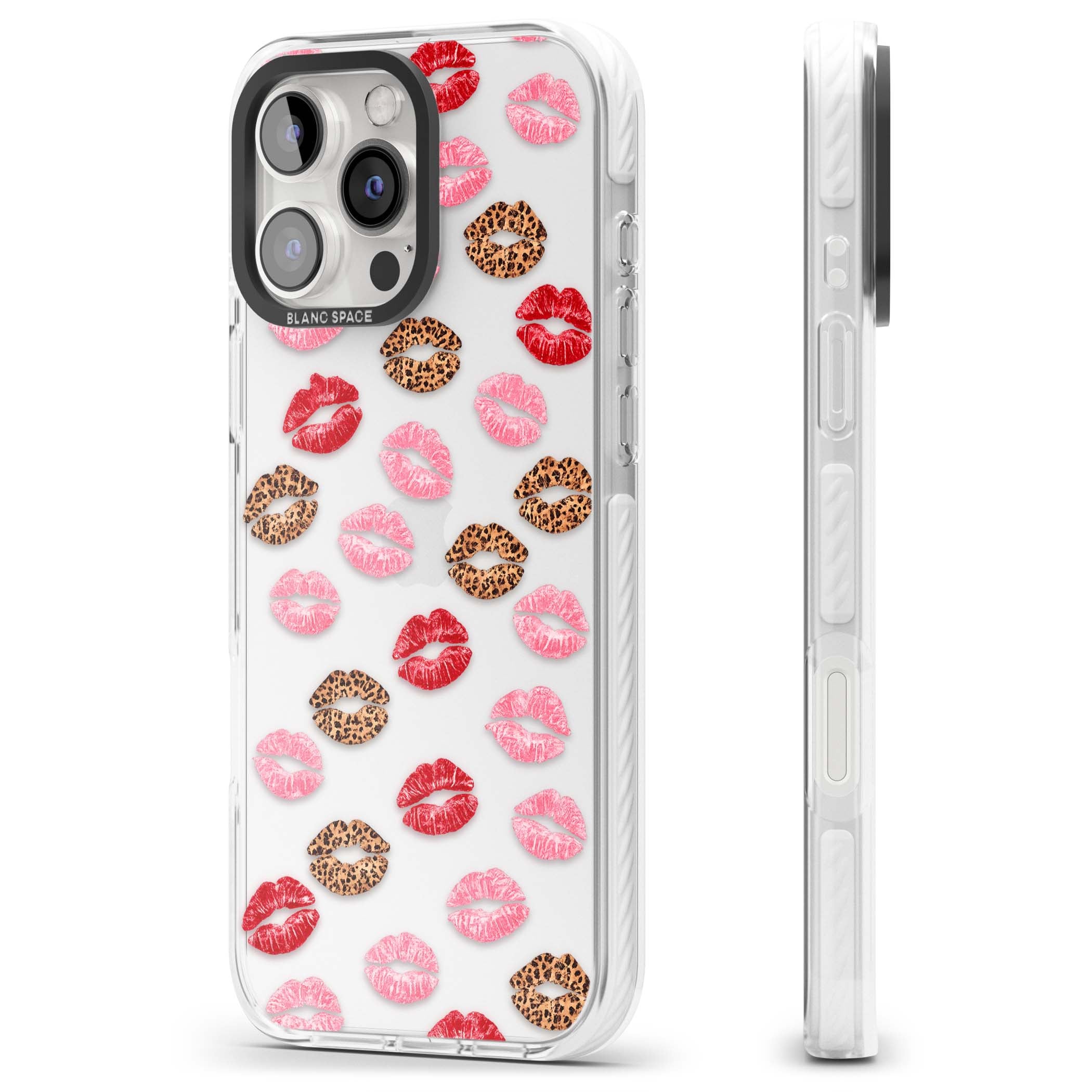 Wild Kisses coquette iPhone case featuring red, pink and leopard print lipstick kiss marks on a clear background | Clear Impact case for iPhone 16 Pro, iPhone 16 Pro Max