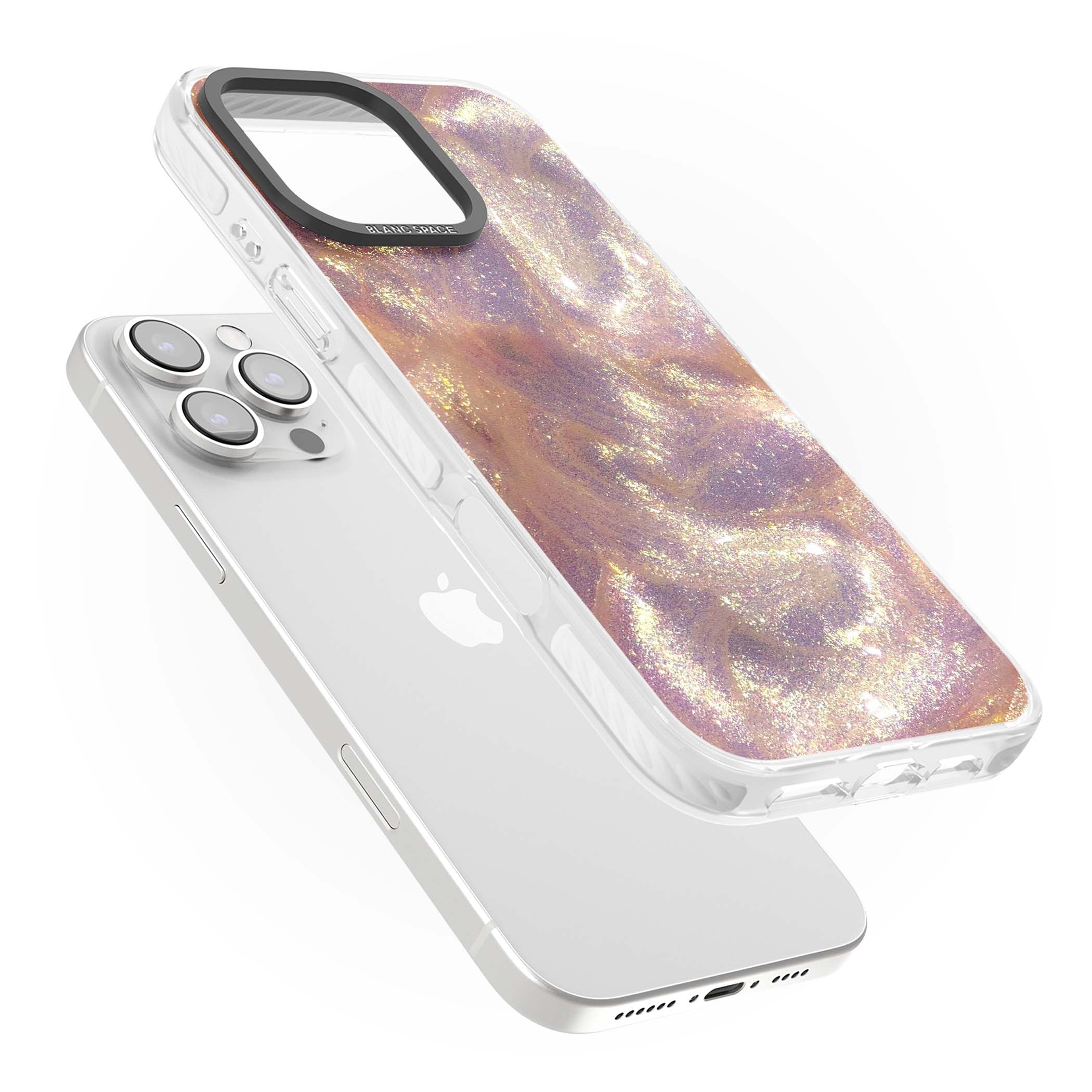 Shimmer marble iPhone case featuring rose gold glitter swirls, lilac shimmer and iridescent pearl finish | Clear Impact case for iPhone 16 Pro, iPhone 16 Pro Max