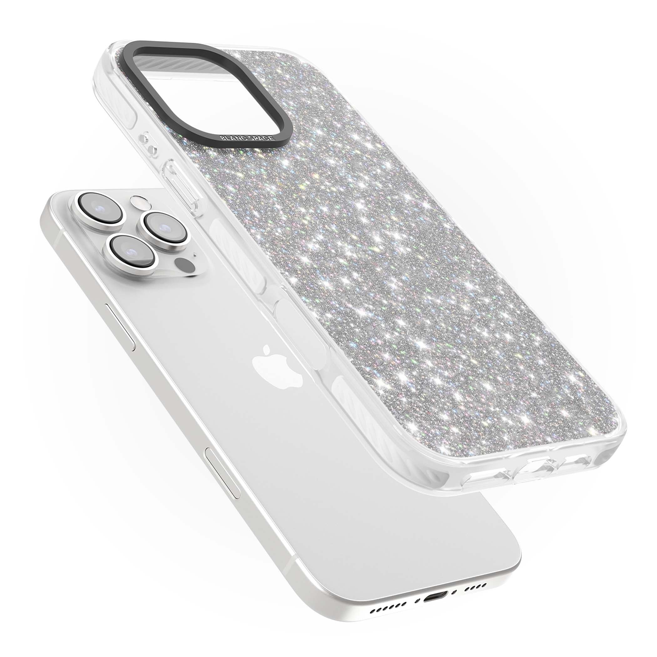 Diamond glam iPhone case featuring silver glitter sparkle and shimmering diamond dust effect | Clear Impact case for iPhone 16 Pro, iPhone 16 Pro Max