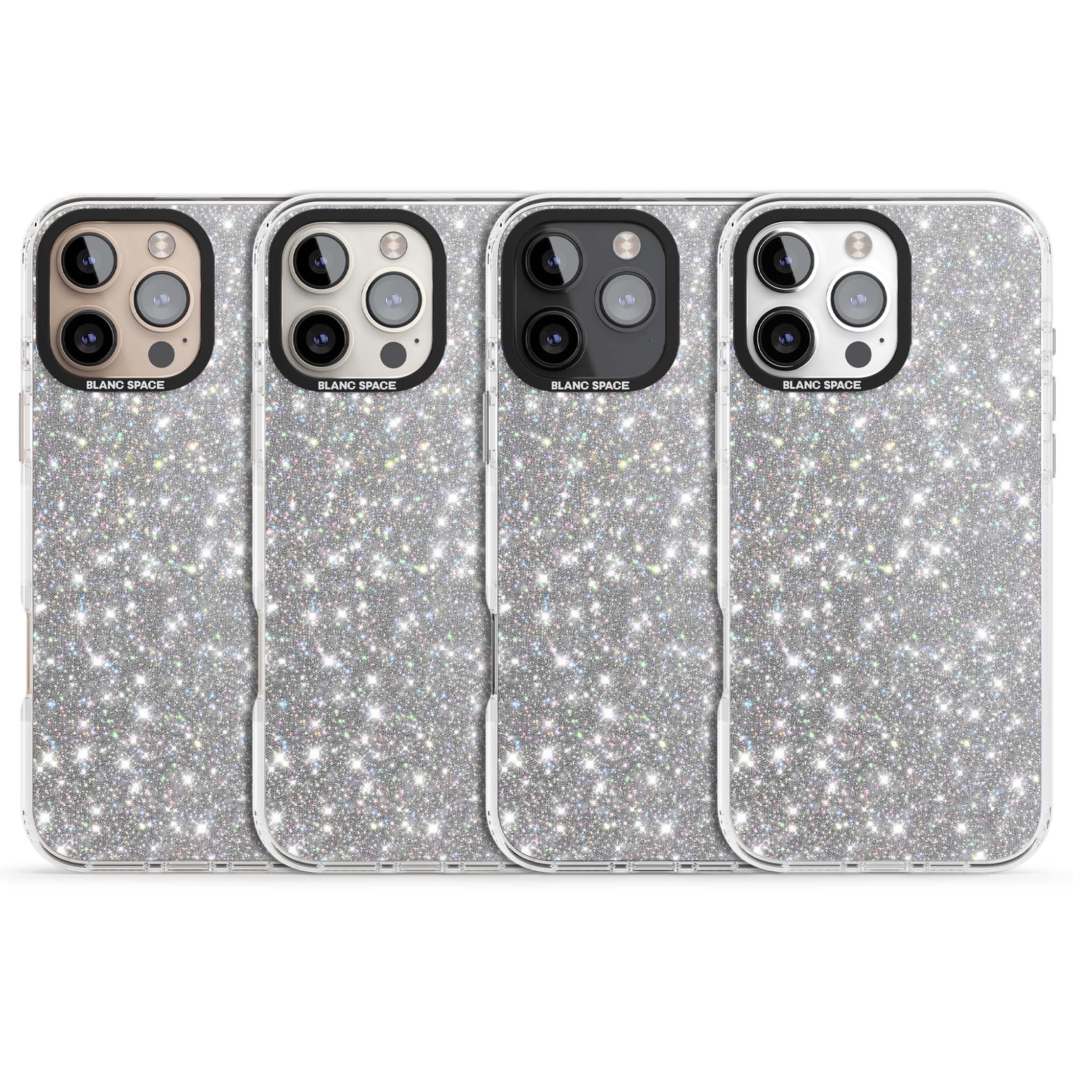 Diamond glam iPhone case featuring silver glitter sparkle and shimmering diamond dust effect | Clear Impact case for iPhone 16 Pro, iPhone 16 Pro Max