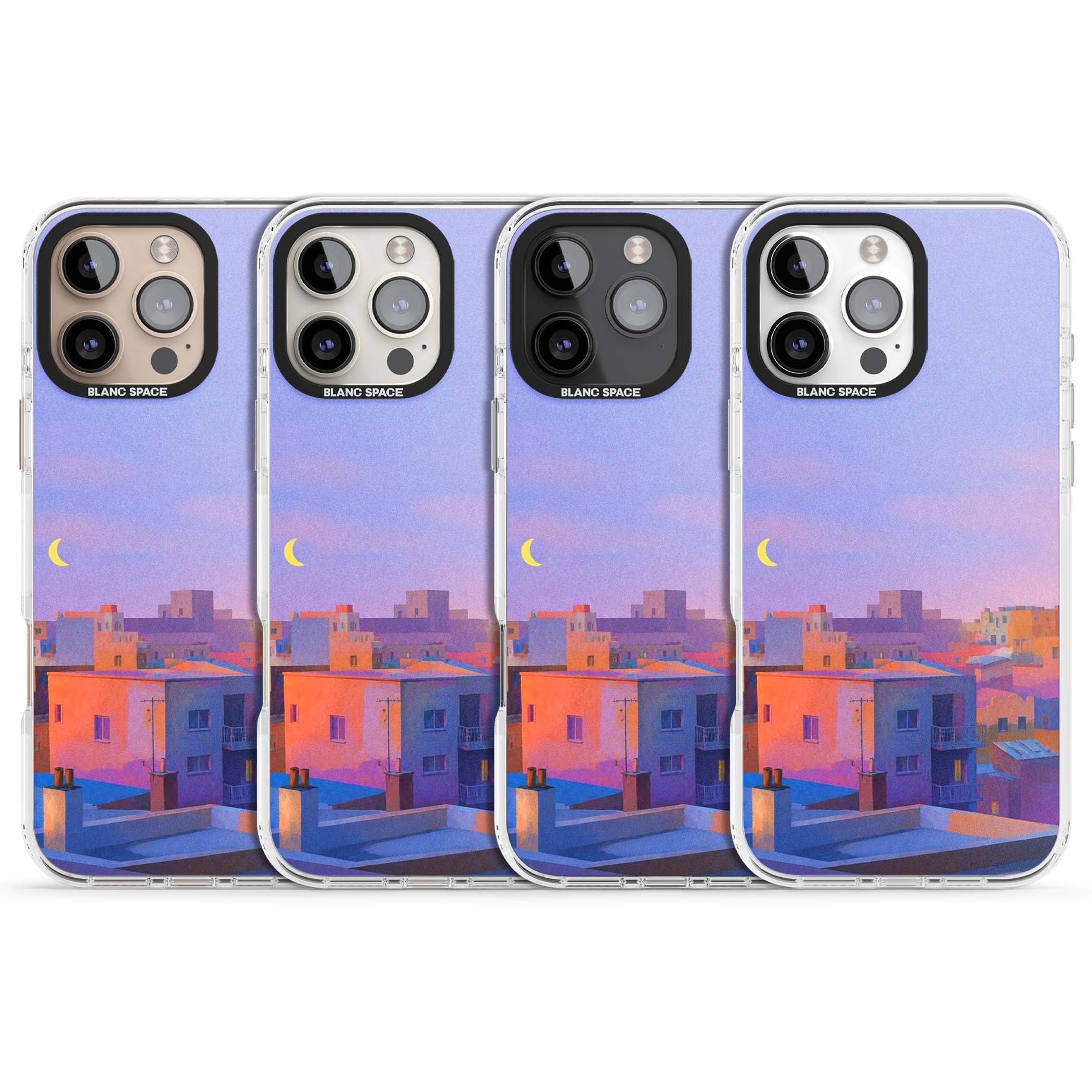 Twilight Rooftops vaporwave iPhone case featuring a pastel sunset cityscape, painted rooftops and a crescent moon. | Clear Impact case for iPhone 16 Pro, iPhone 16 Pro Max